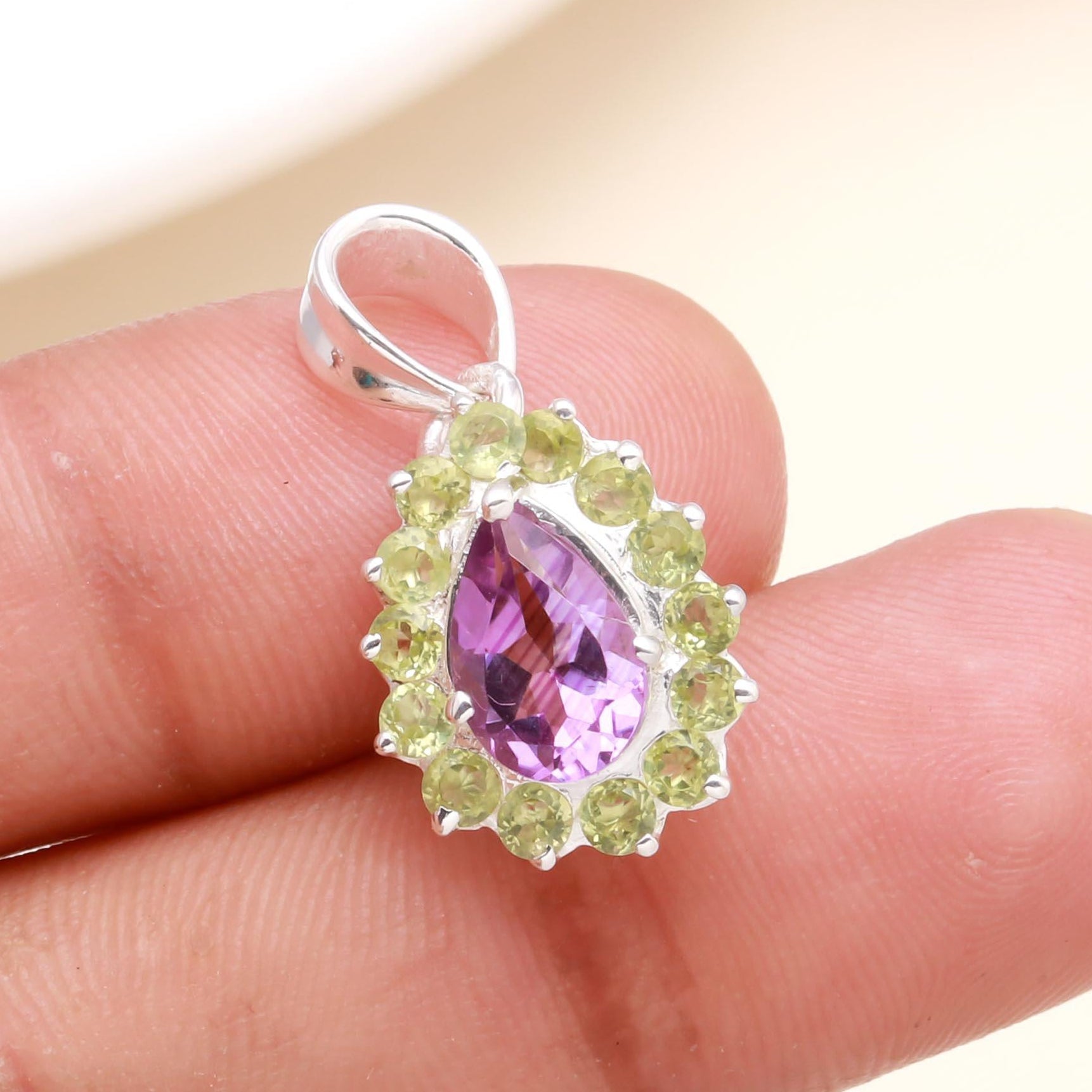 The Royal Amethyst: Peridot & Amethyst Halo Silver Pendant