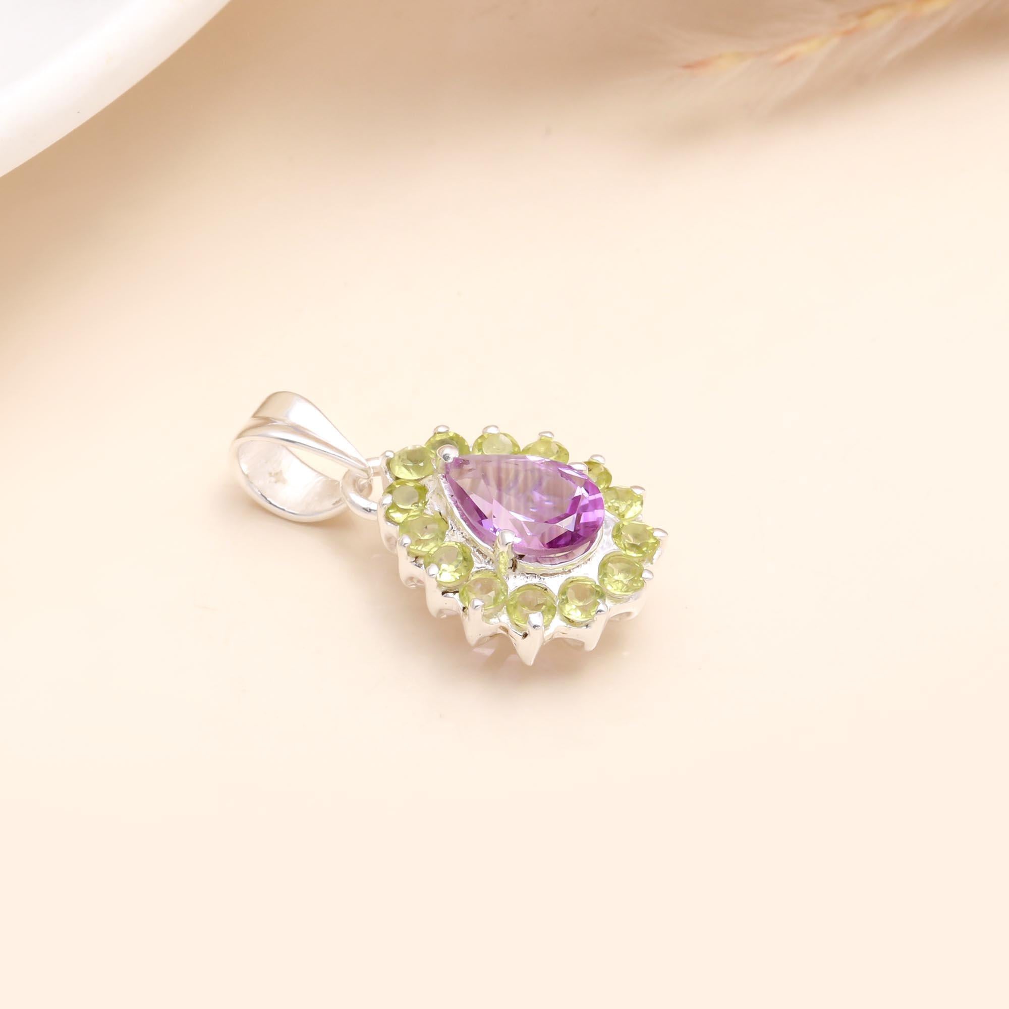 925 Sterling Silver Pear-Shaped Amethyst & Peridot Halo Pendant