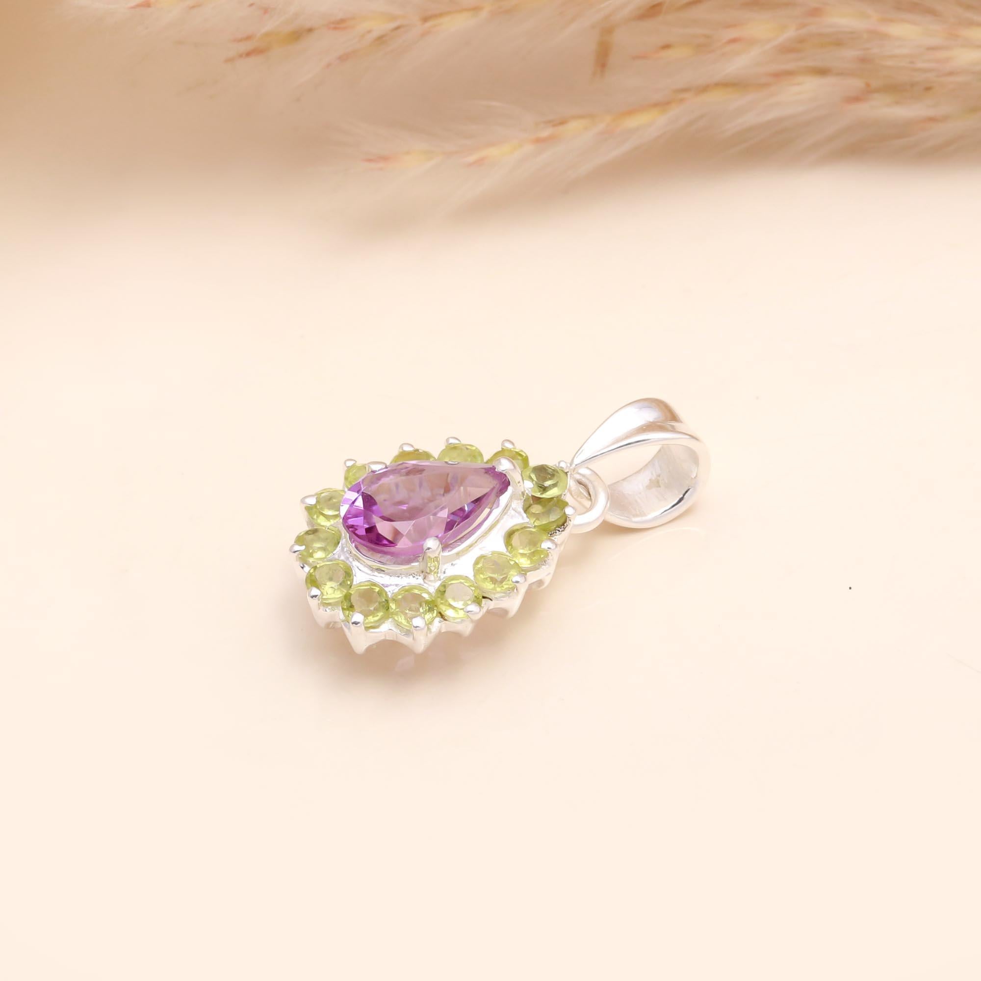 925 Sterling Silver Pear-Shaped Amethyst & Peridot Halo Pendant