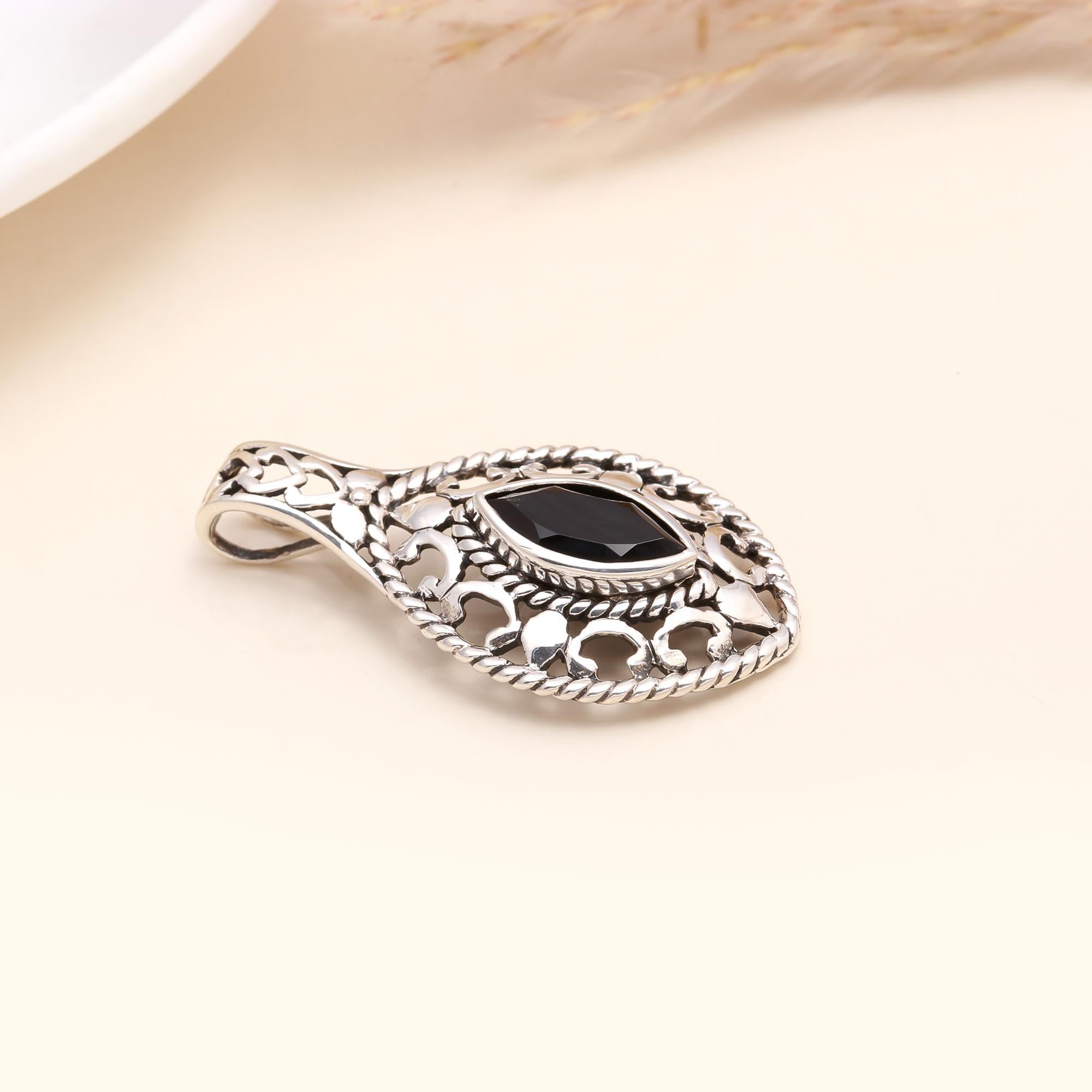 925 Sterling Silver Marquise Black Onyx Filigree Teardrop Pendant