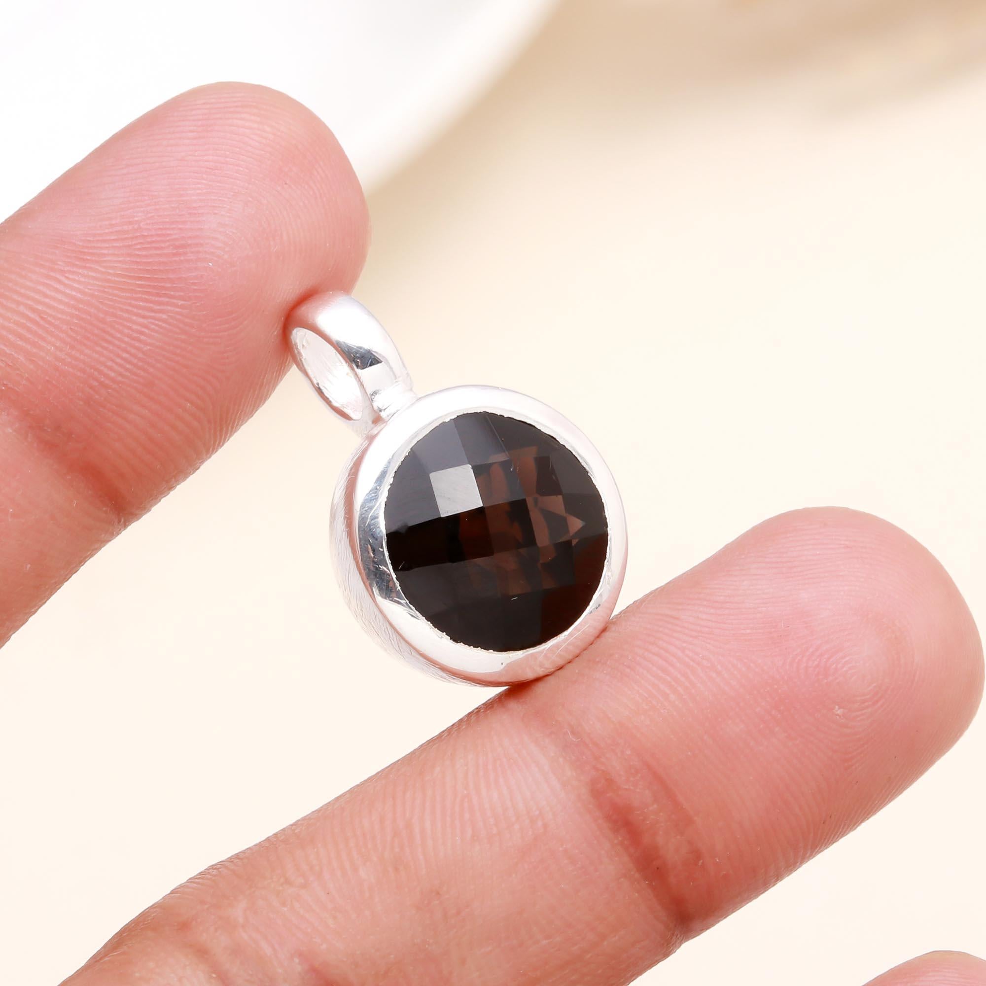 925 Sterling Silver Faceted Smoky Quartz Round Pendant