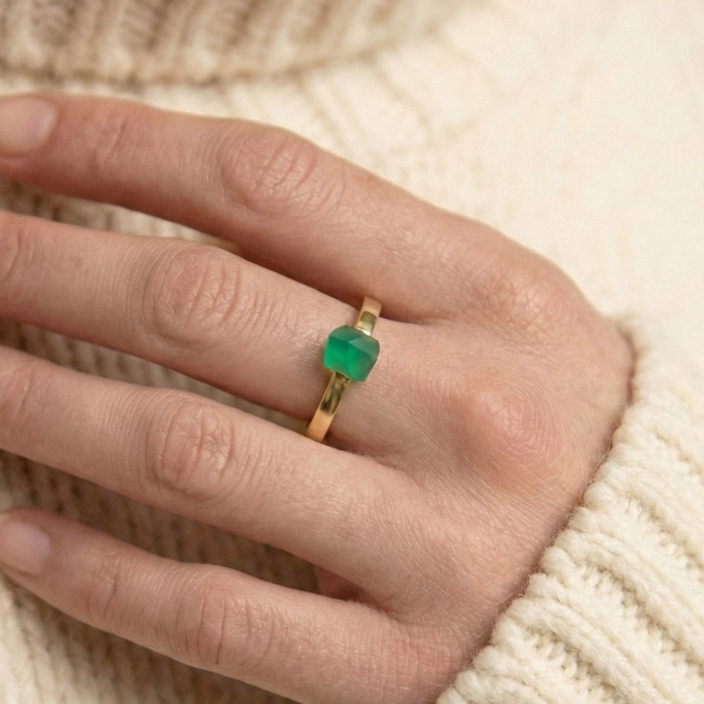 The Asymmetric Emerald: Gold Modern Minimalist Ring