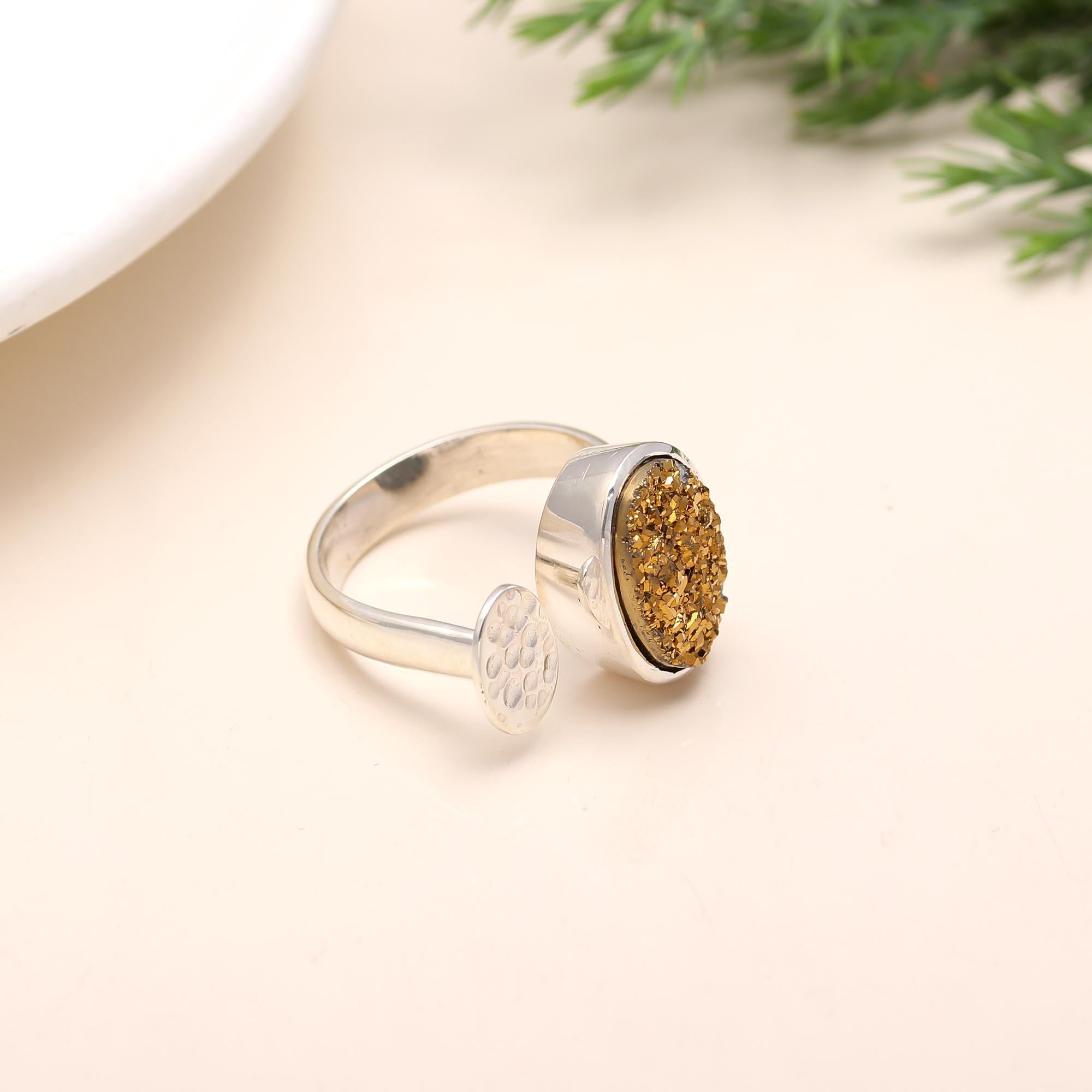 925 Silver Gold Druzy Ring