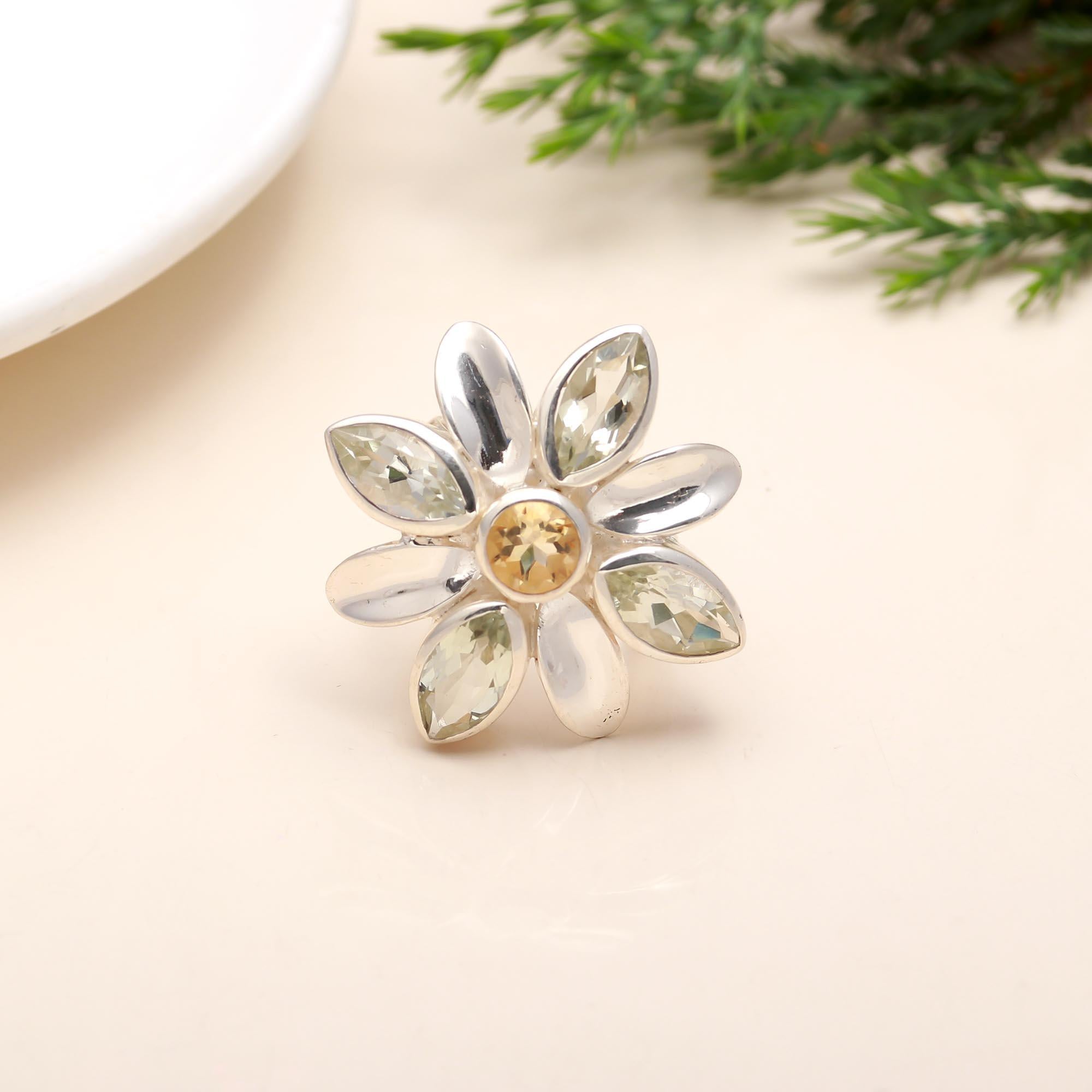 925 Sterling Silver Floral ring | Citrine Gemstone Boho Ring