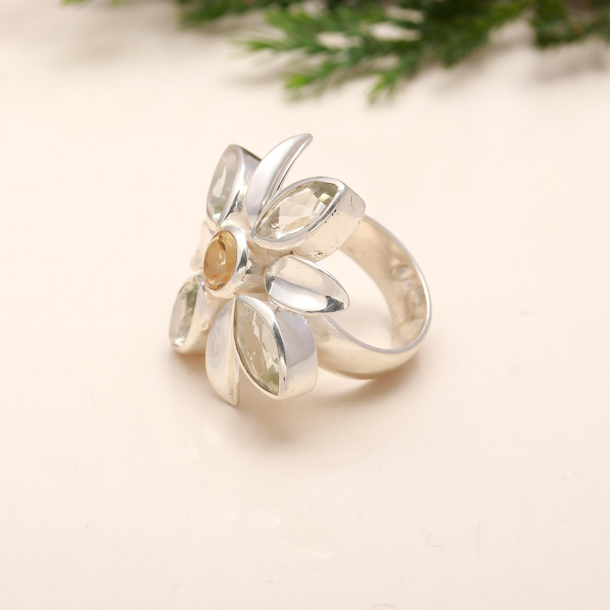 925 Sterling Silver Floral ring | Citrine Gemstone Boho Ring