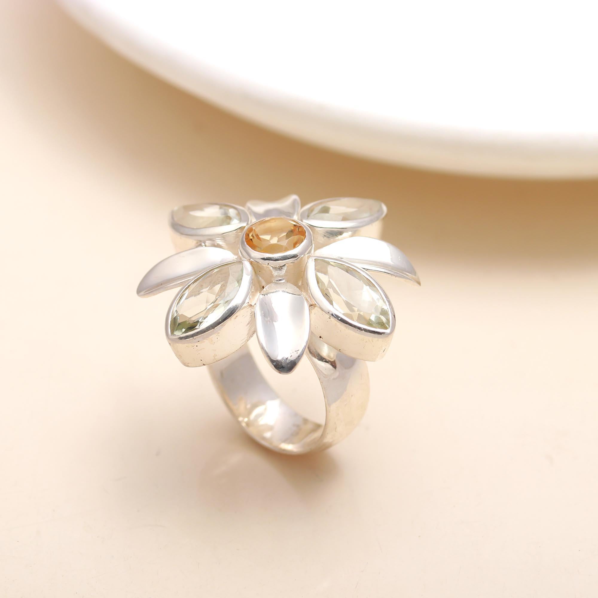 925 Sterling Silver Floral ring | Citrine Gemstone Boho Ring