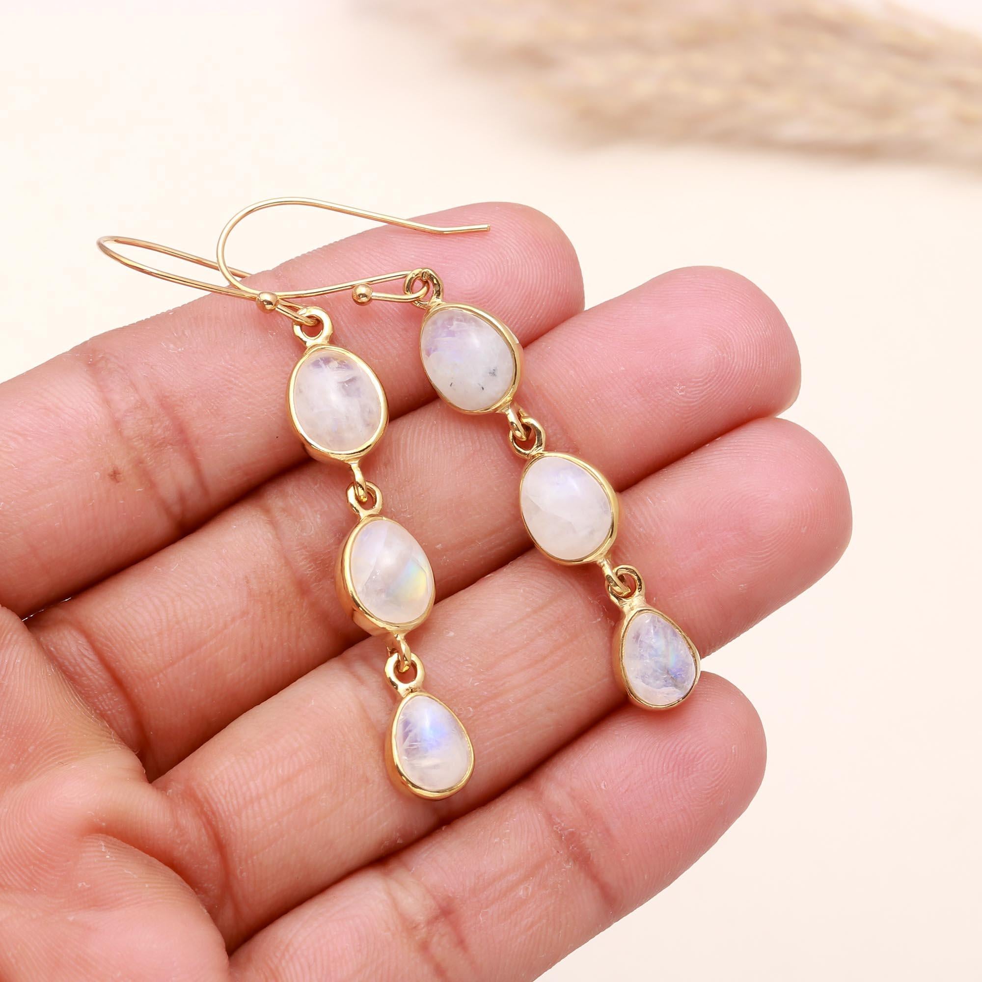 925 Sterling Silver Triple Drop Moonstone Dangle Earrings