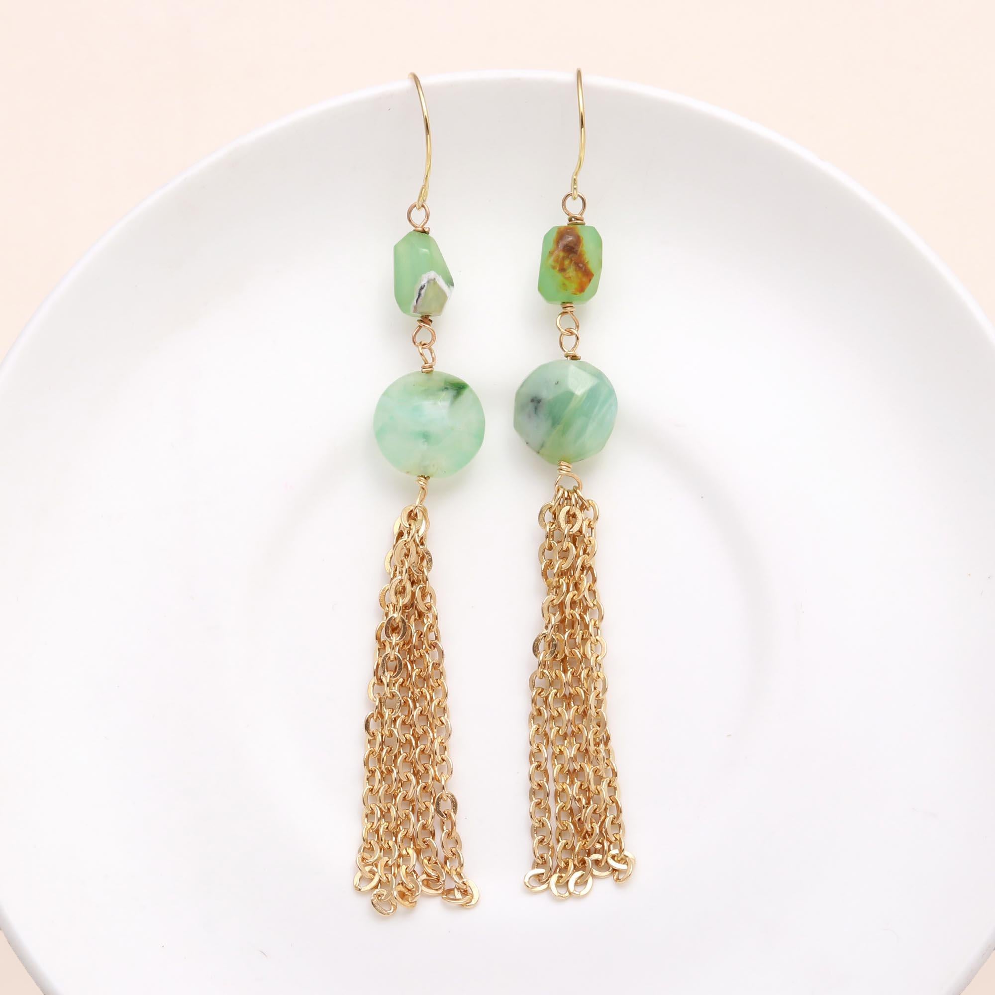 925 Sterling Silver Green Gemstone & Chain Tassel Earrings