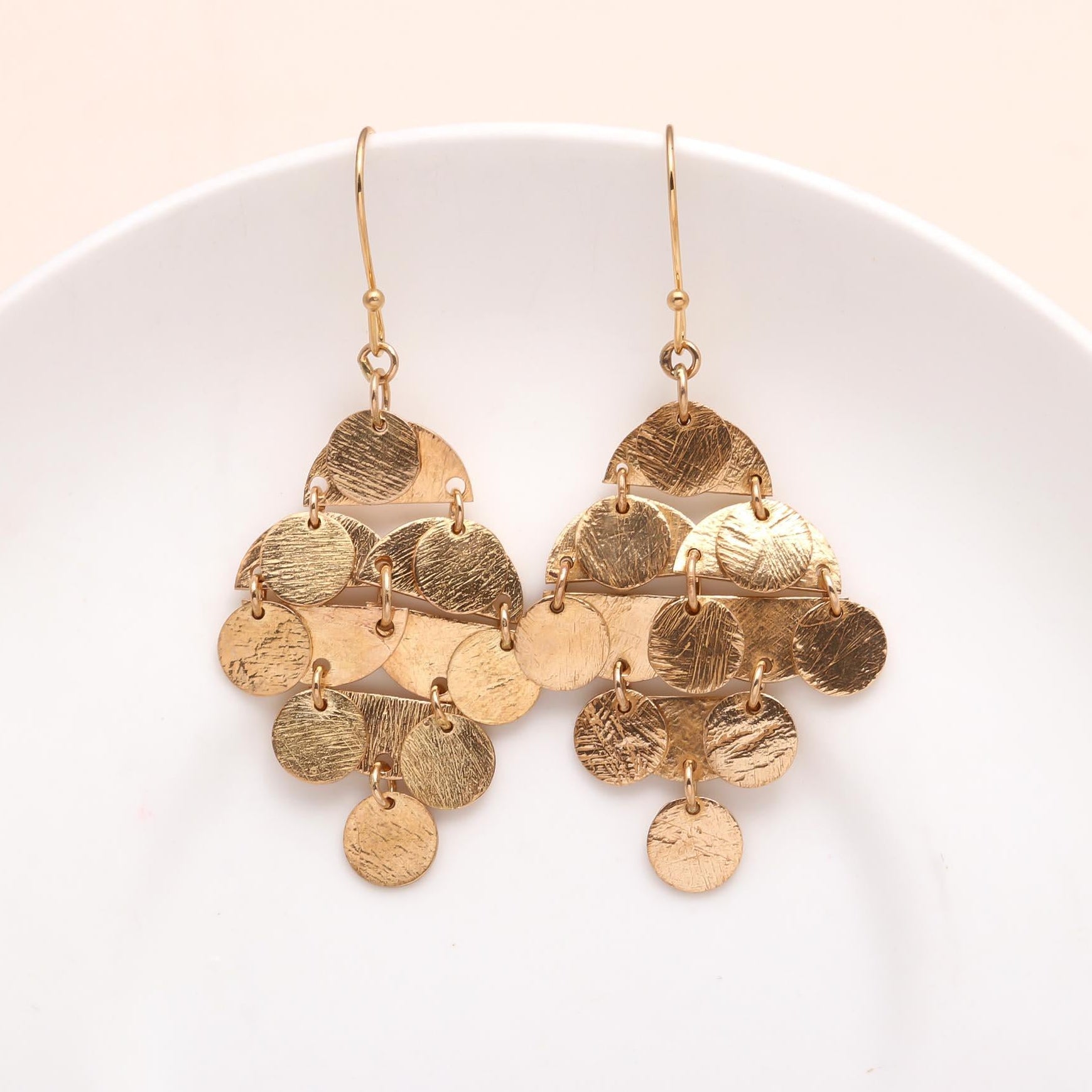 The Golden Cascade: Textured Disc Chandelier Earrings