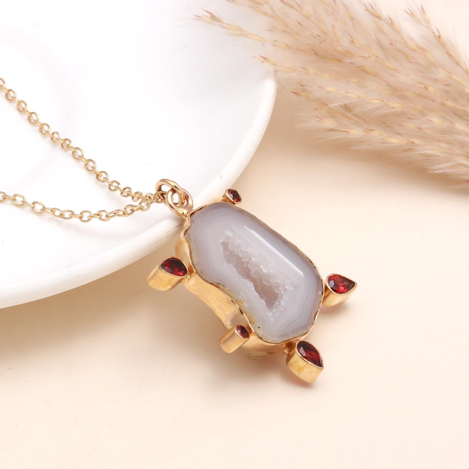 The Crystal Guardian: Agate Slice & Garnet Necklace