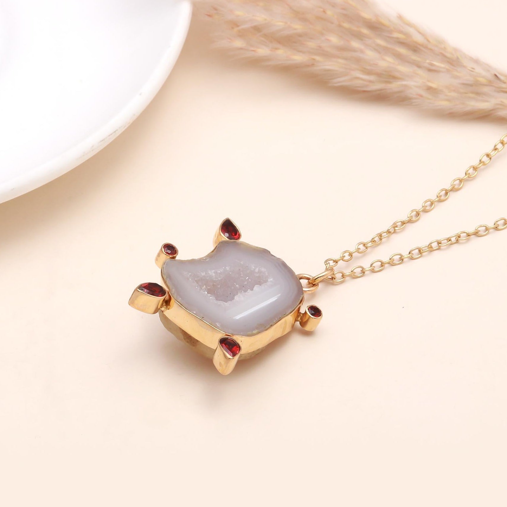 The Crystal Guardian: Agate Slice & Garnet Necklace