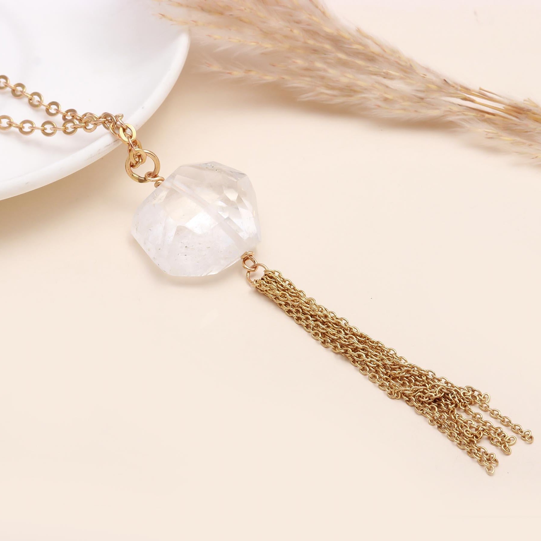 The Ice & Gold: Raw Quartz Tassel Necklace