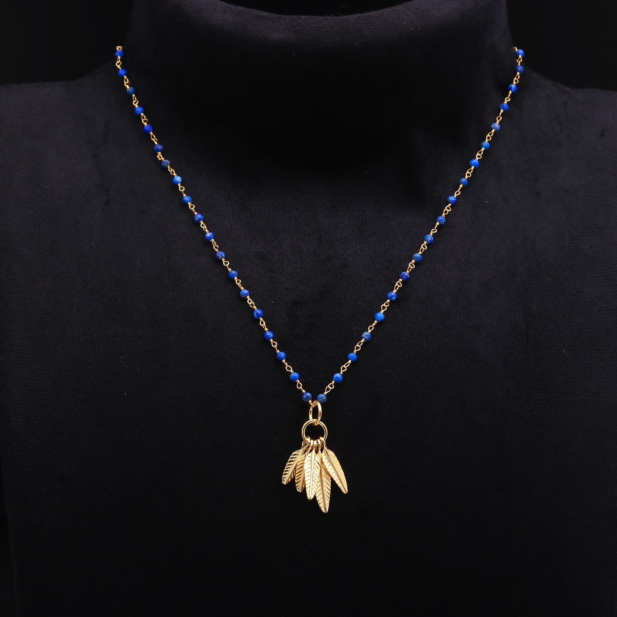 Lapis Lazuli Beaded Necklace with Leaf Charms