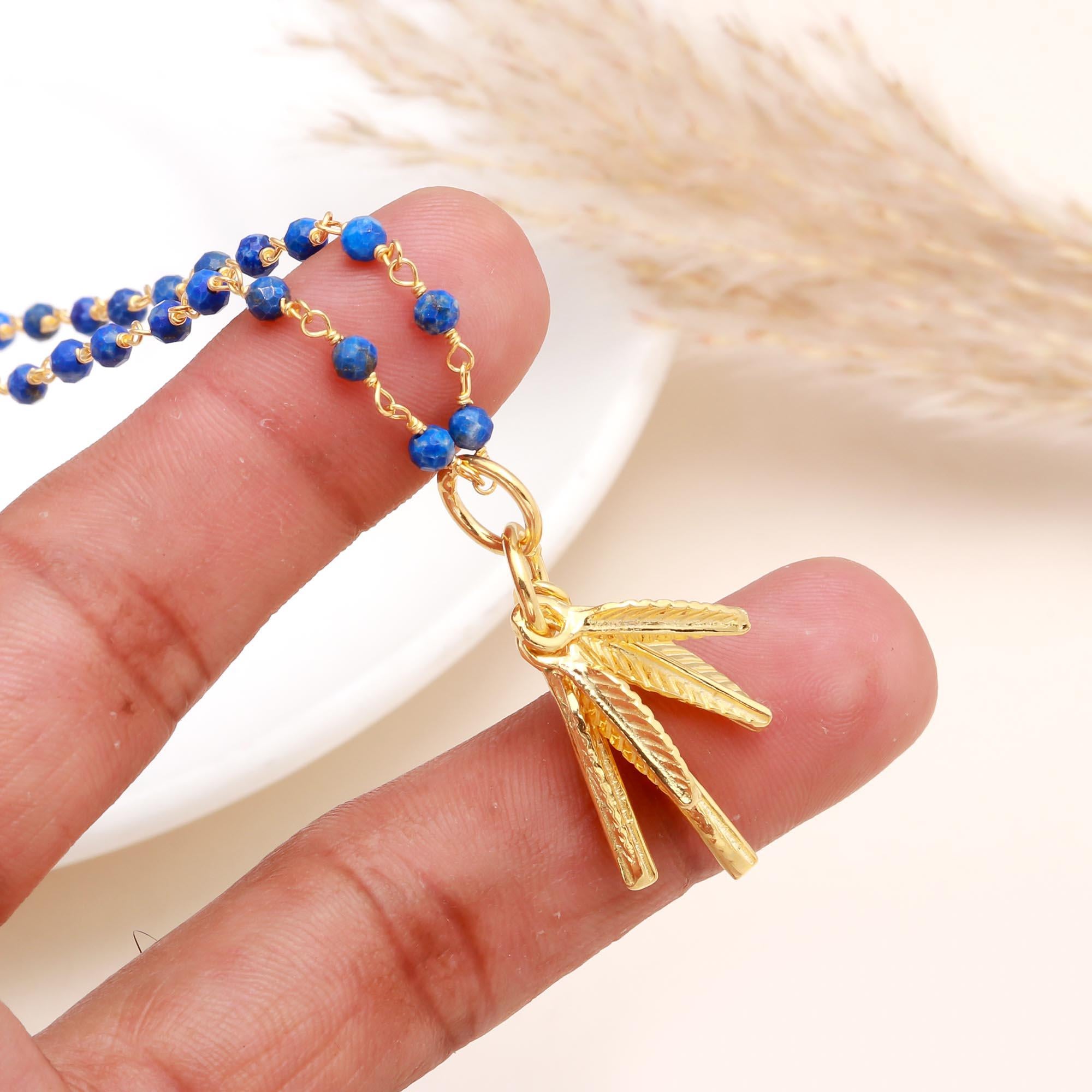 Lapis Lazuli Beaded Necklace with Leaf Charms