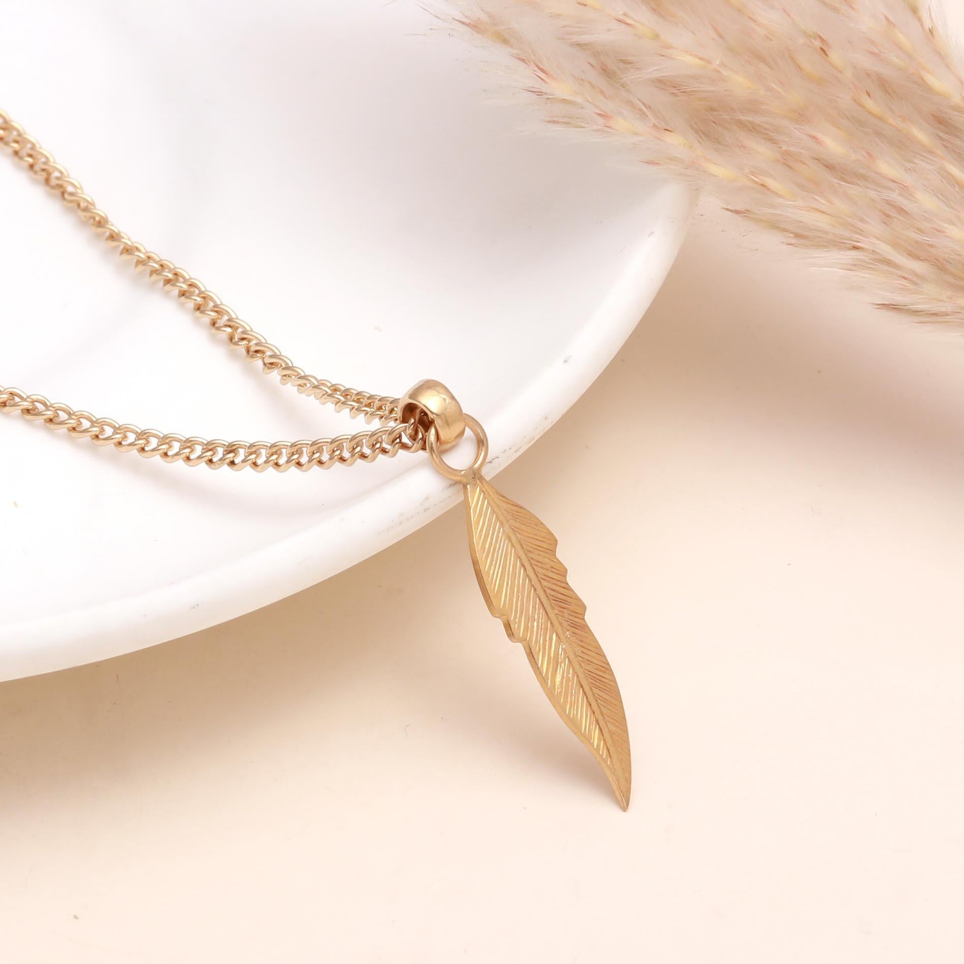 The Golden Quill: Detailed Gold Leaf Feather Pendant
