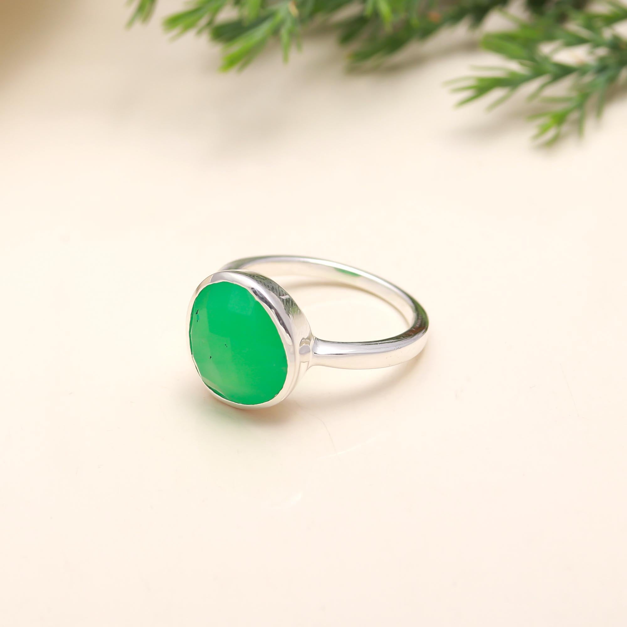 925 Silver Round Green Onyx Ring
