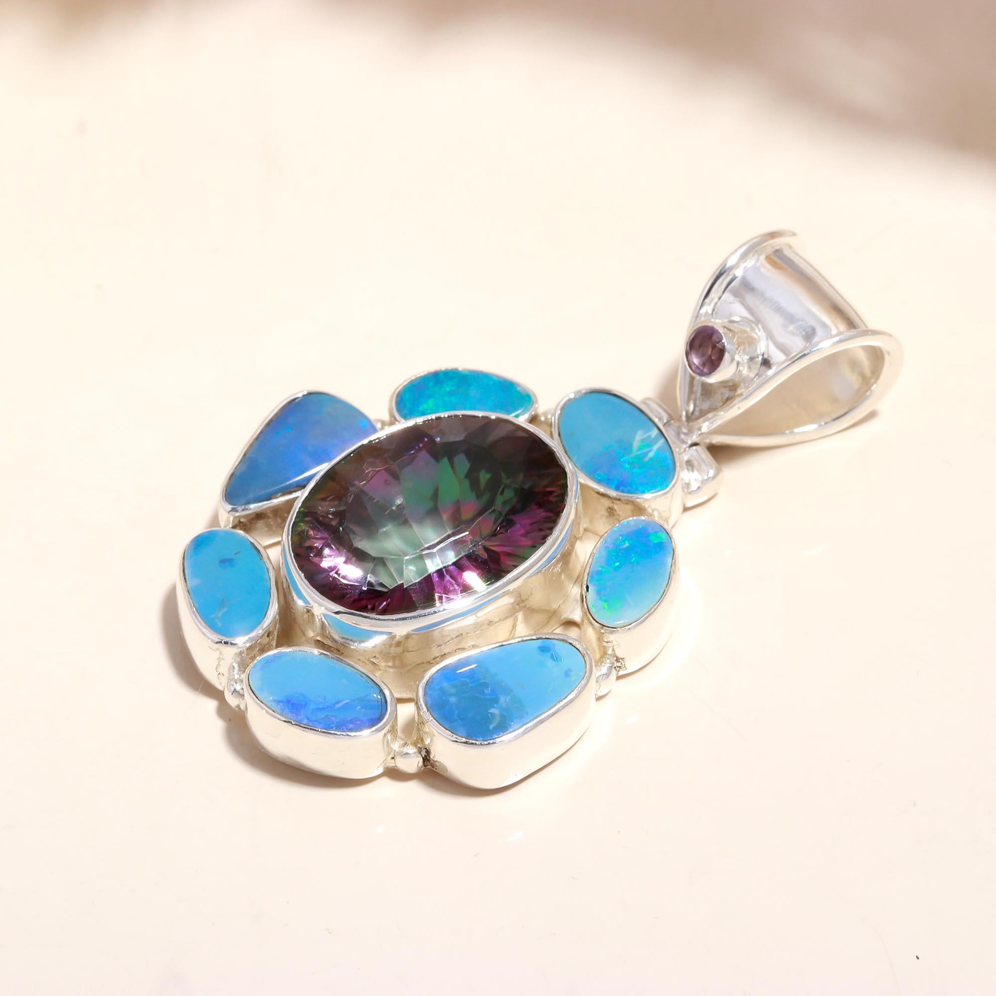 The Opal Bloom: Multi-Stone Floral Silver Pendant
