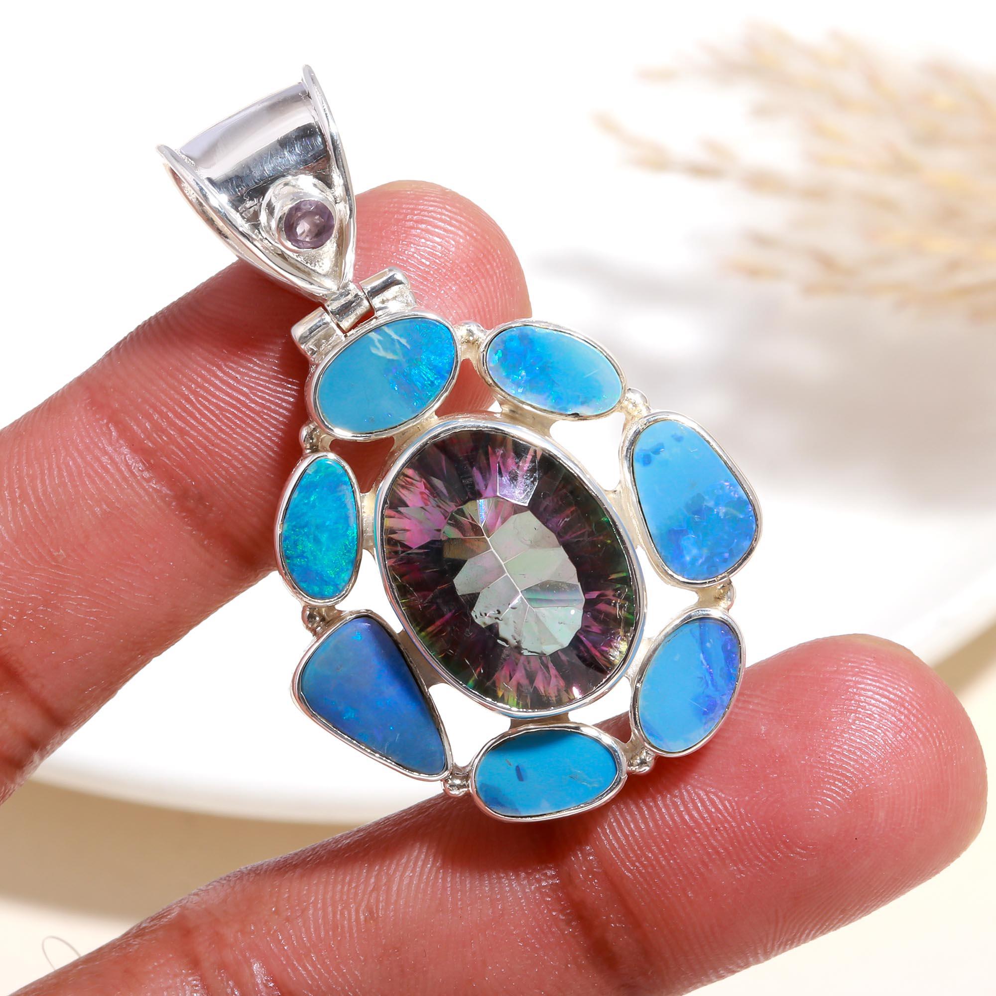 The Opal Bloom: Multi-Stone Floral Silver Pendant