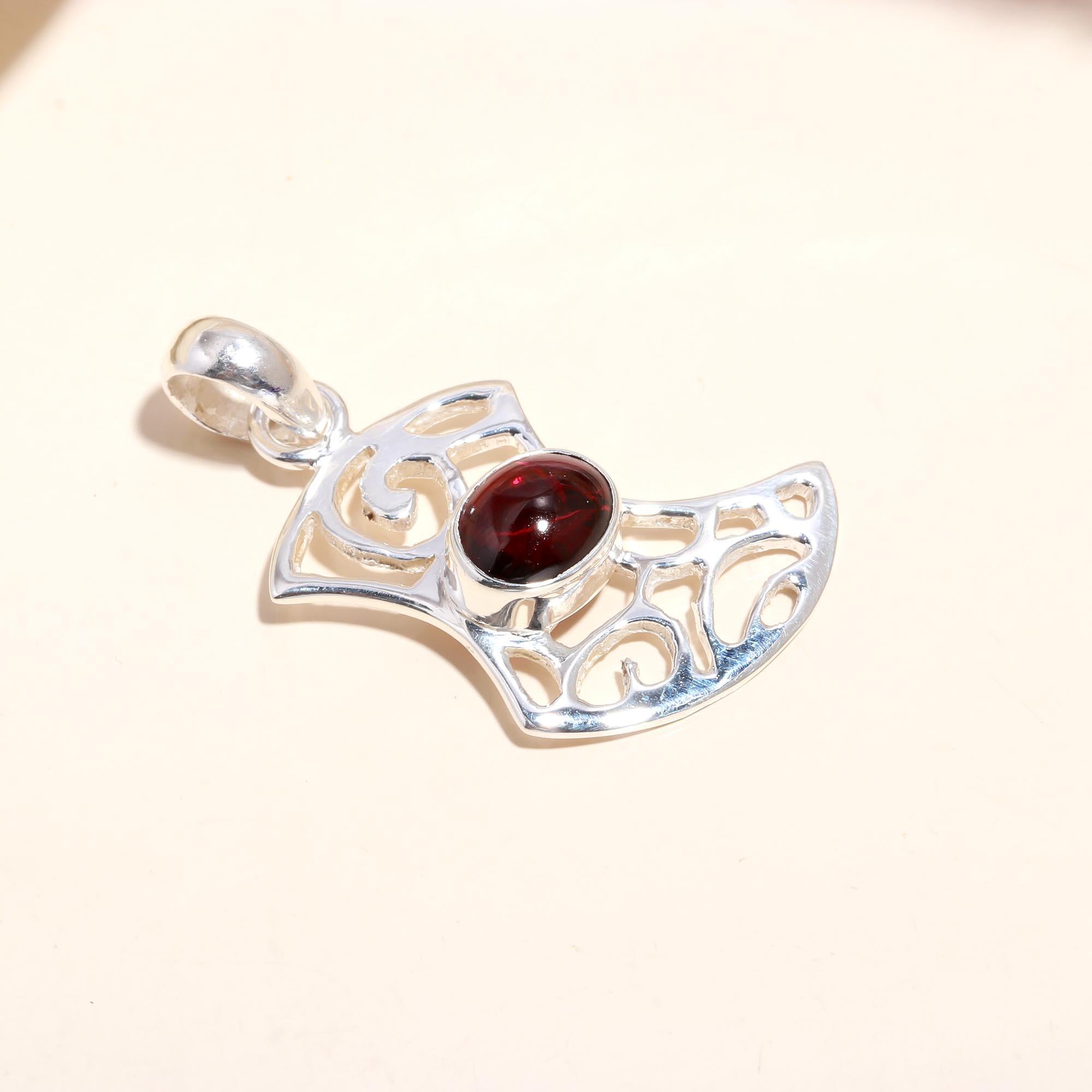 The Scroll Fan: Garnet Filigree Silver Pendant