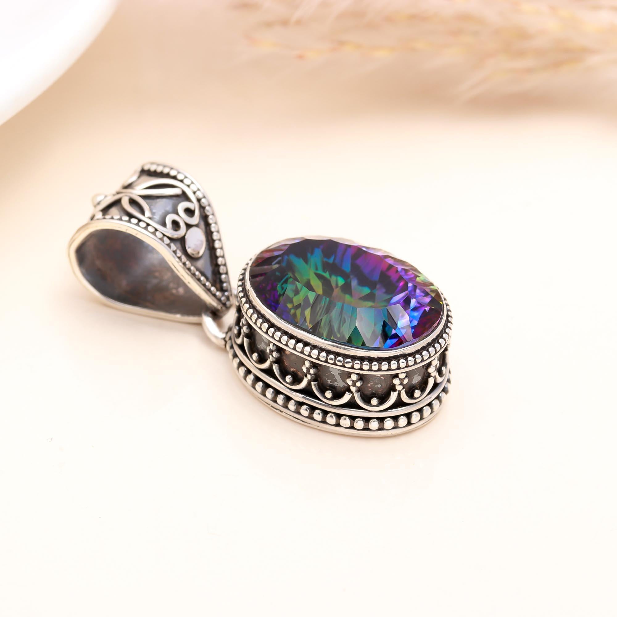 The Mystic Orbit: Mystic Topaz Silver Ornate Pendant