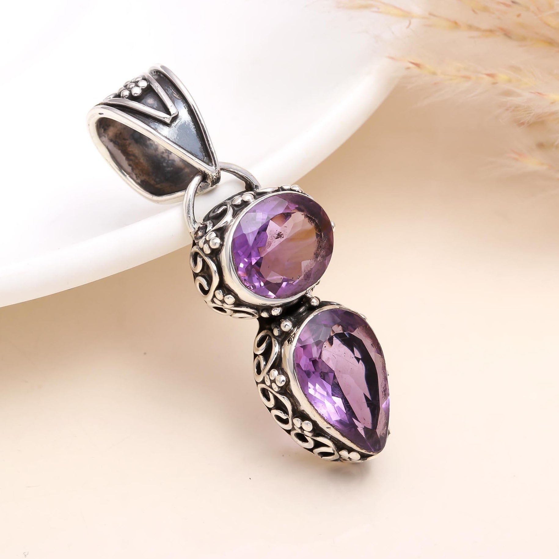The Amethyst Twin: Ornate Silver Tiered Pendant