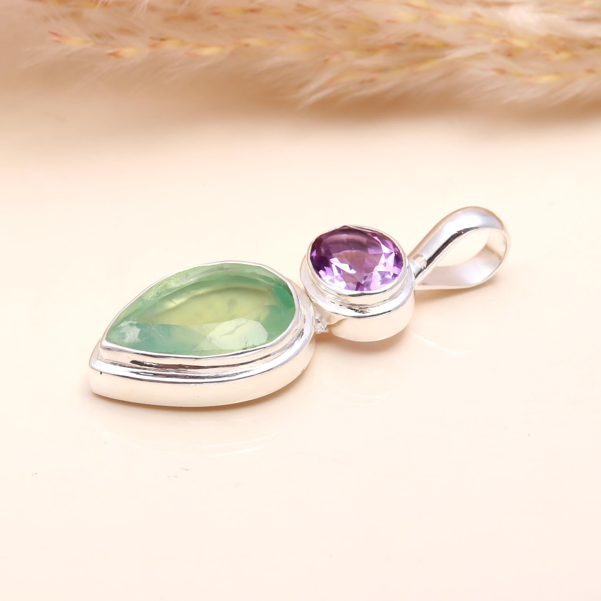 The Pastel Duo: Amethyst & Prehnite Silver Pendant