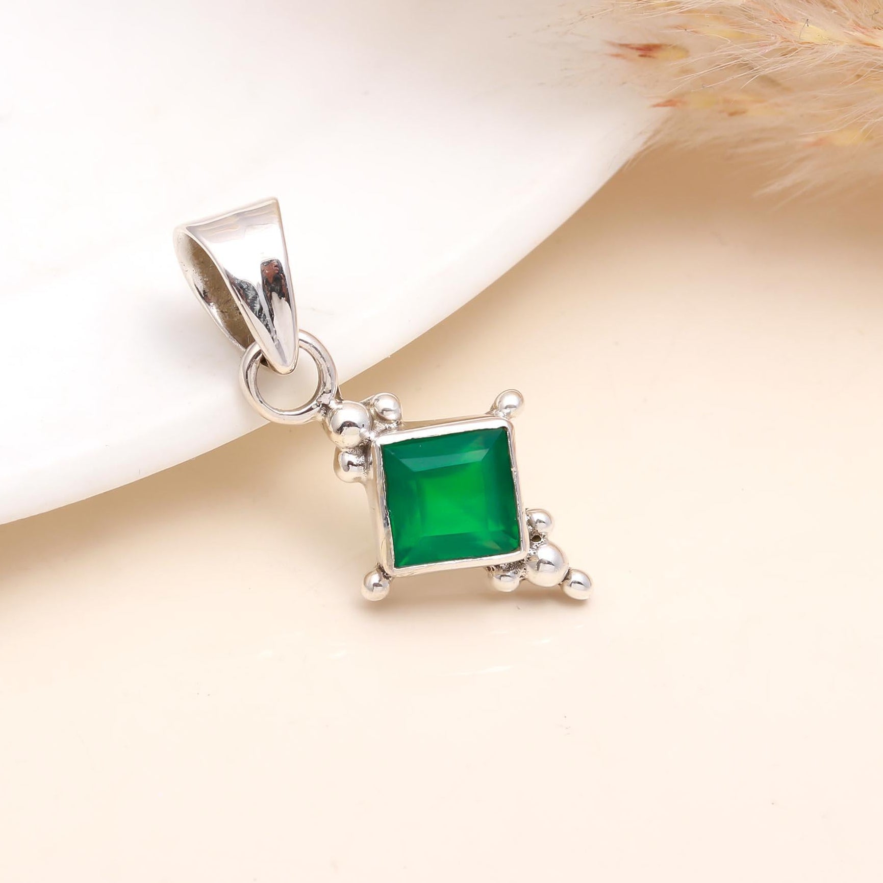 The Verdant Square: Green Onyx Silver Charm