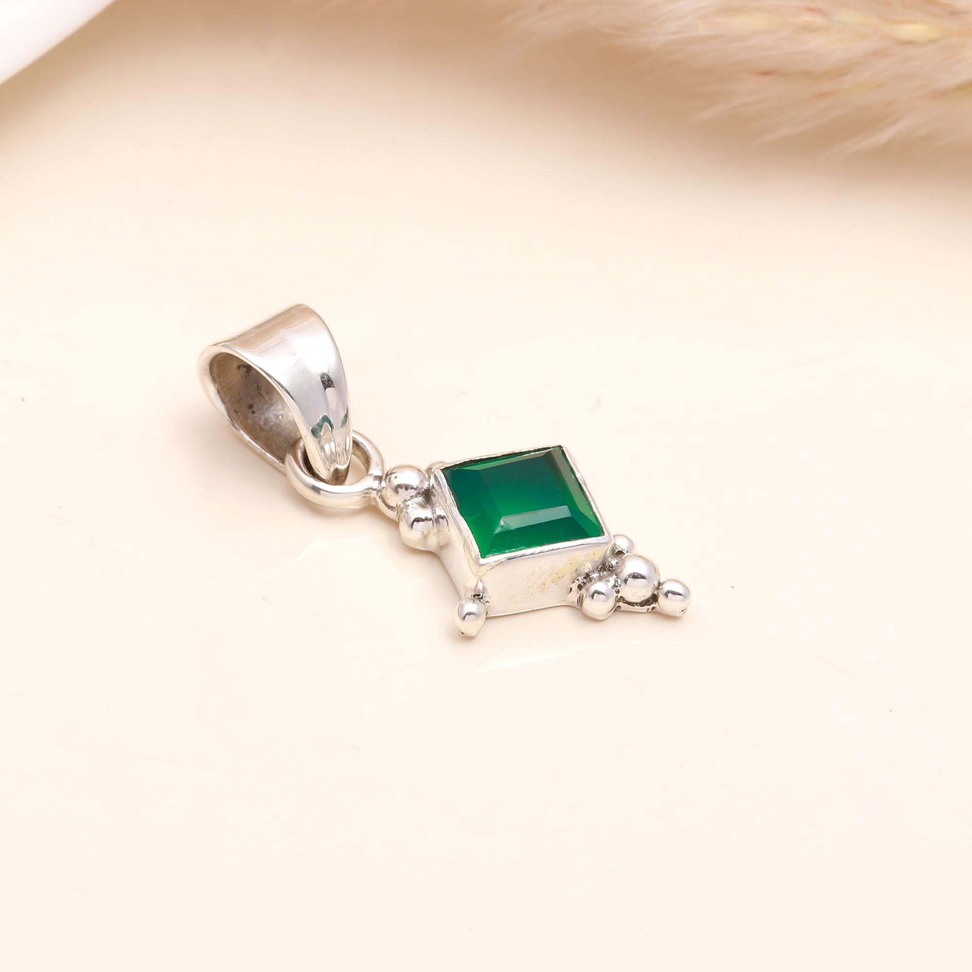 The Verdant Square: Green Onyx Silver Charm