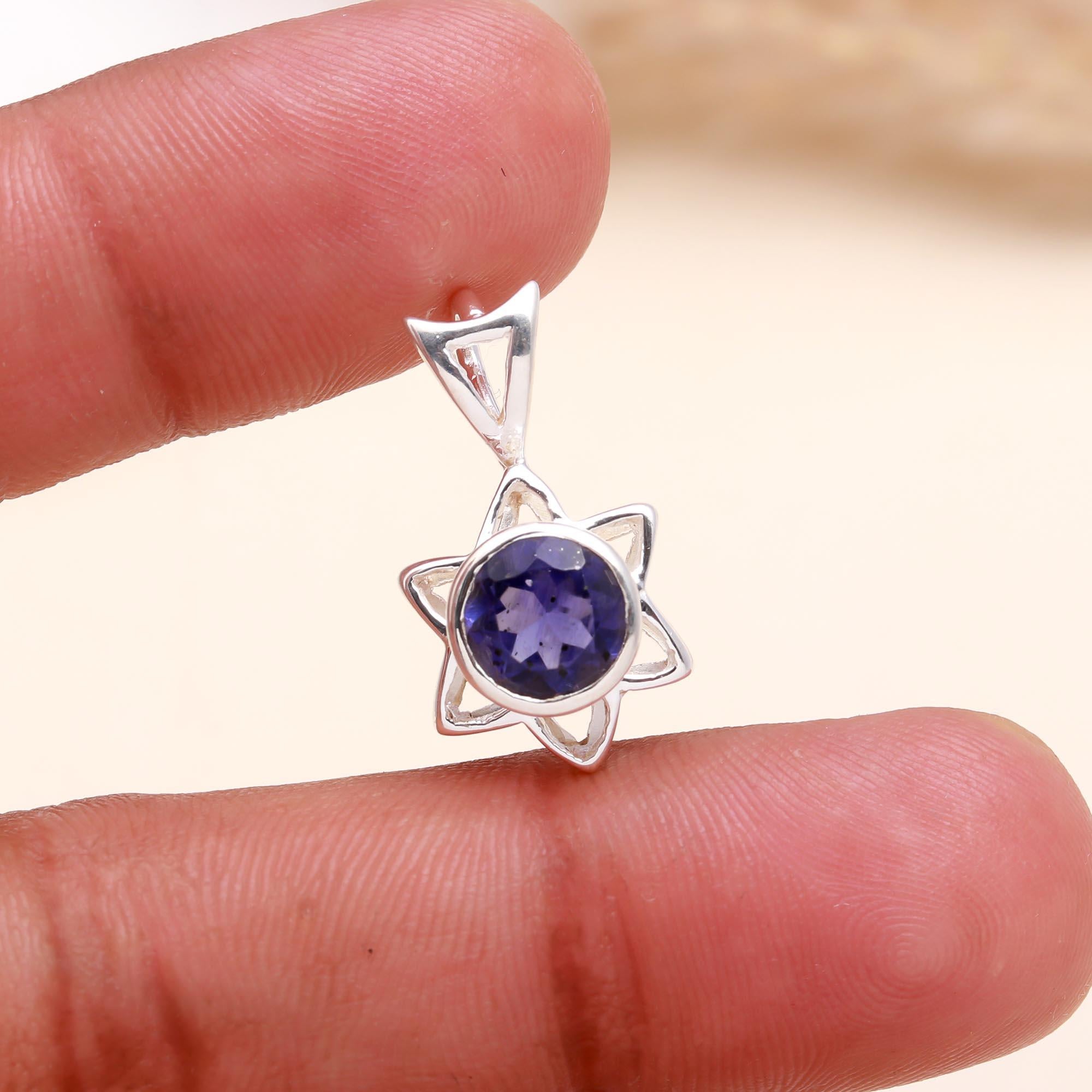 The Iolite Starburst: Celestial Silver Hexagon Pendant
