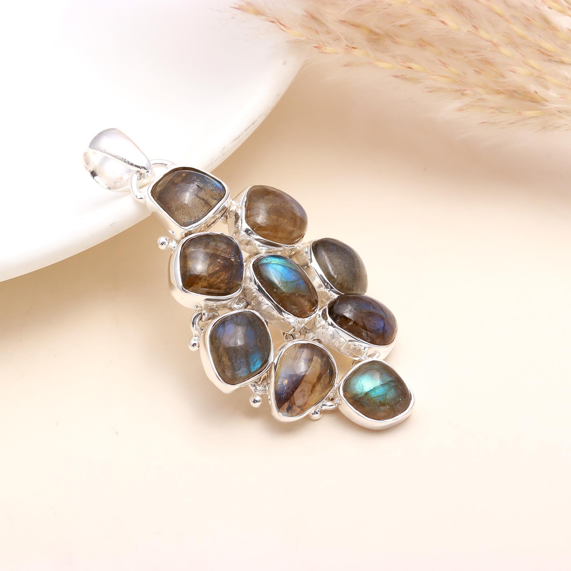 The Labradorite Cluster: Multi-Stone Silver Drop Pendant