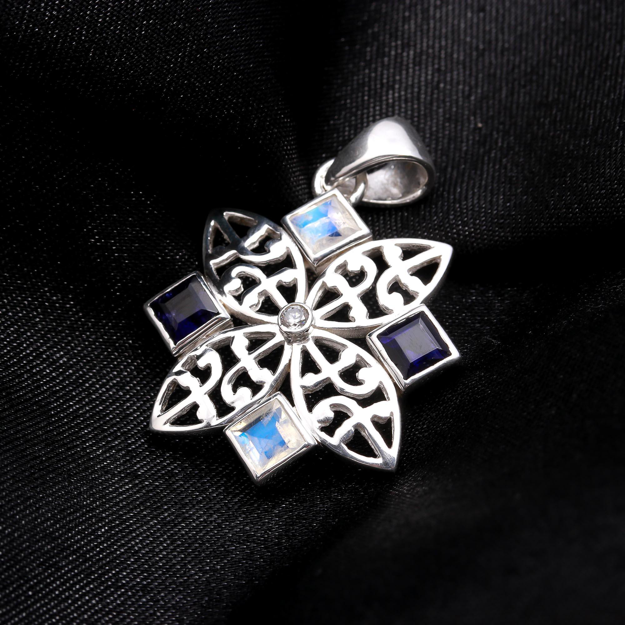 The Midnight Star: Iolite & Moonstone Silver Mandala Pendant