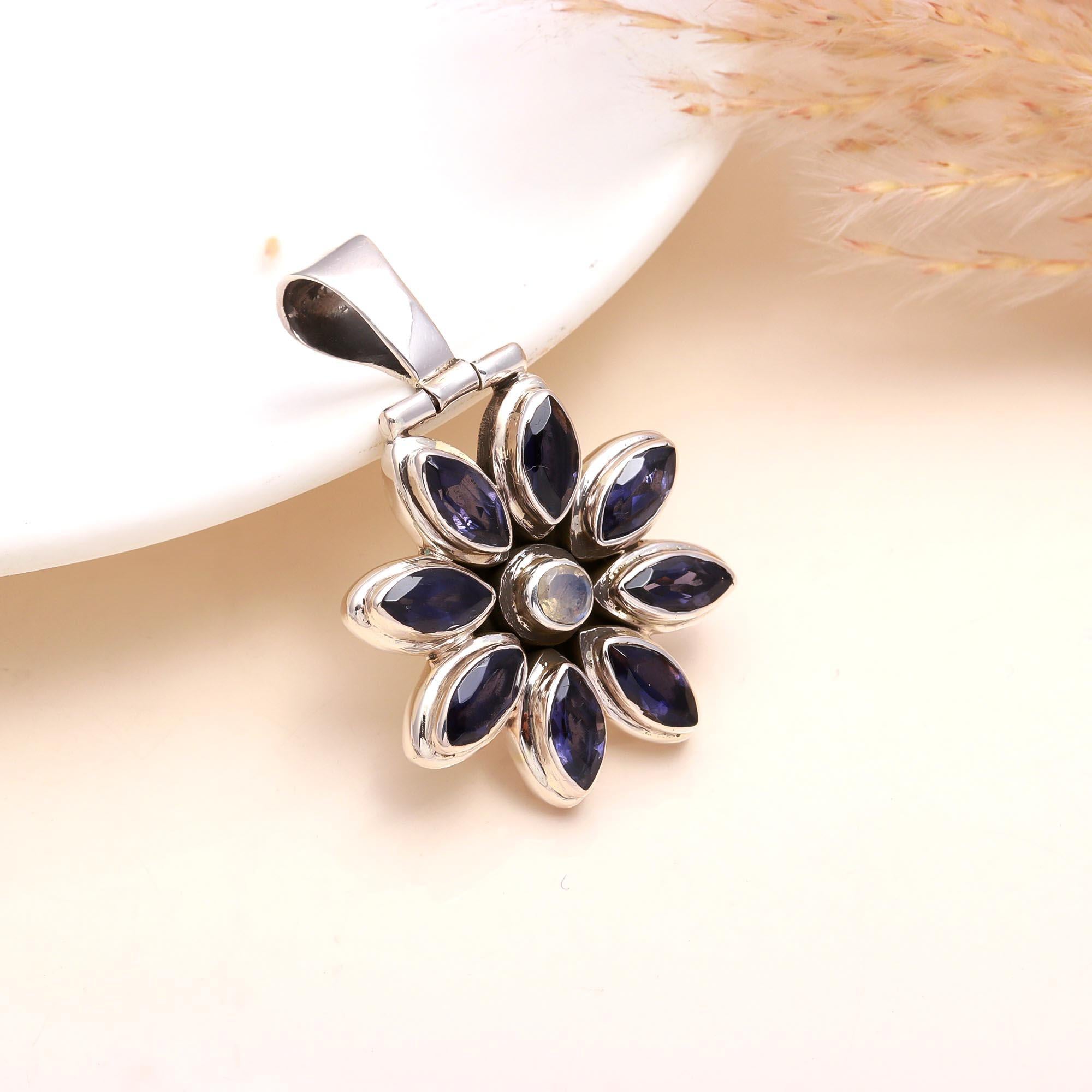 925 Sterling Silver Iolite & Moonstone Floral Pendant