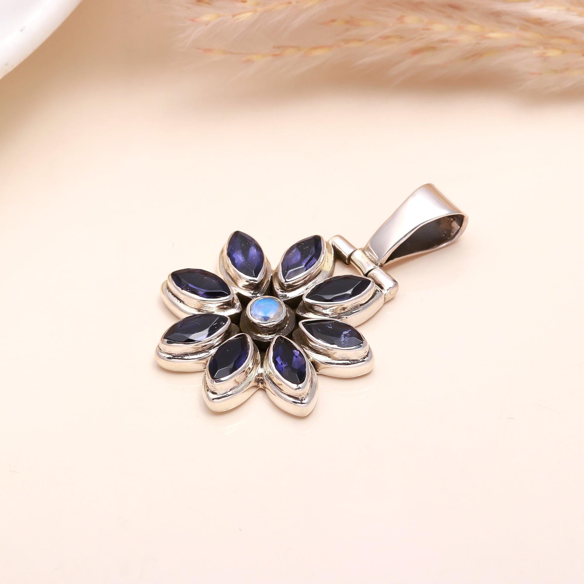 925 Sterling Silver Iolite & Moonstone Floral Pendant
