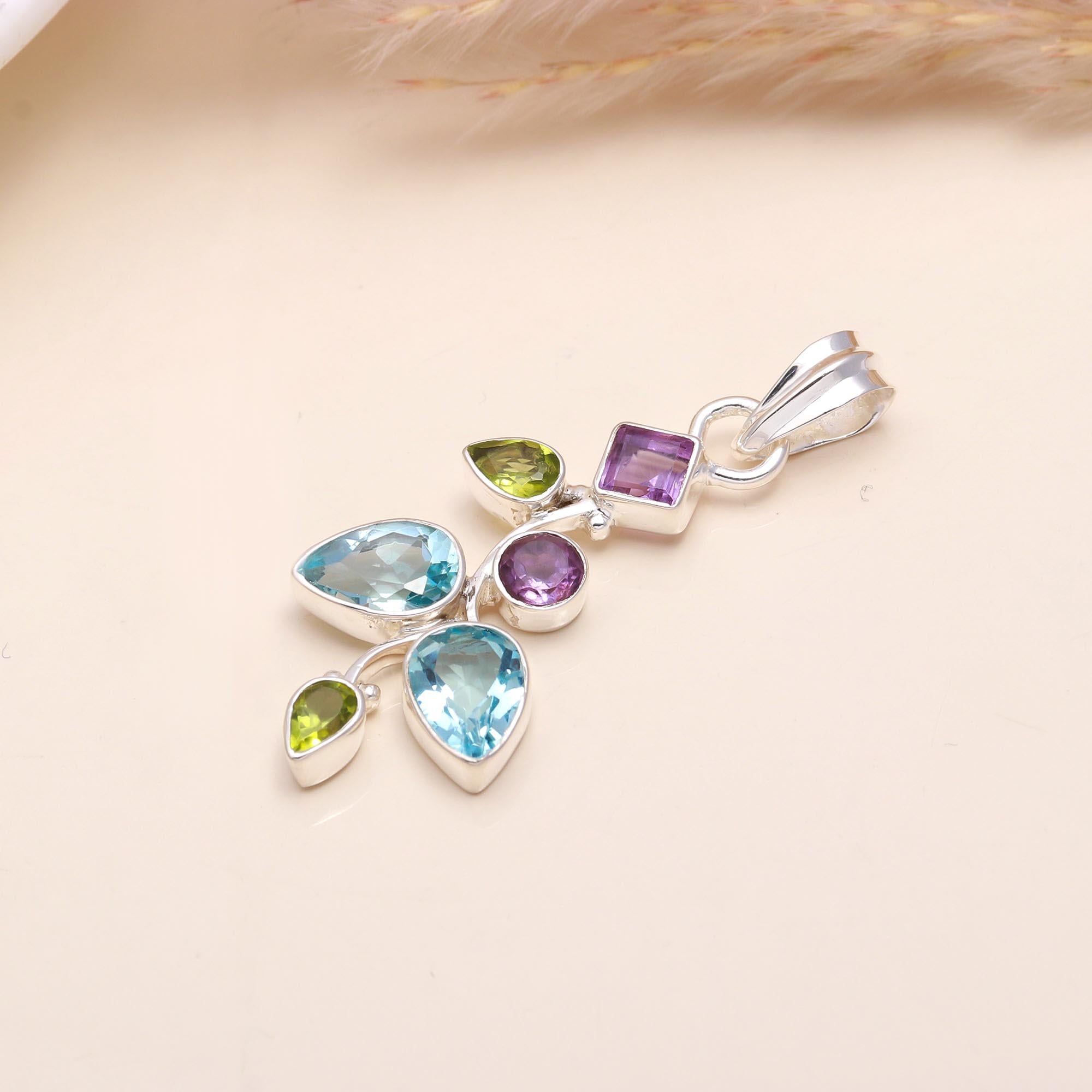 925 Sterling Silver Blue Topaz, Amethyst & Peridot Pendant
