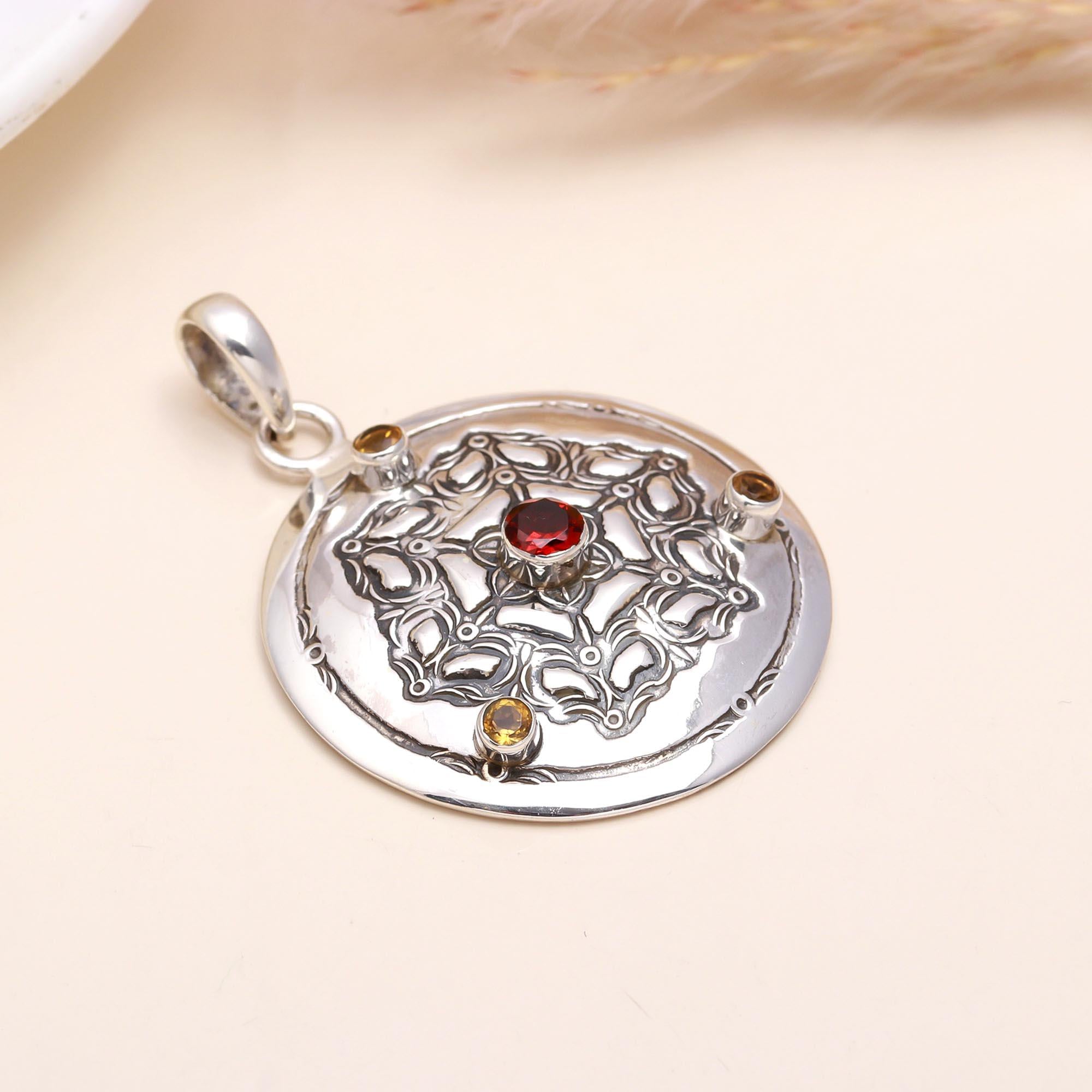 925 Sterling Silver Garnet & Citrine Medallion Pendant