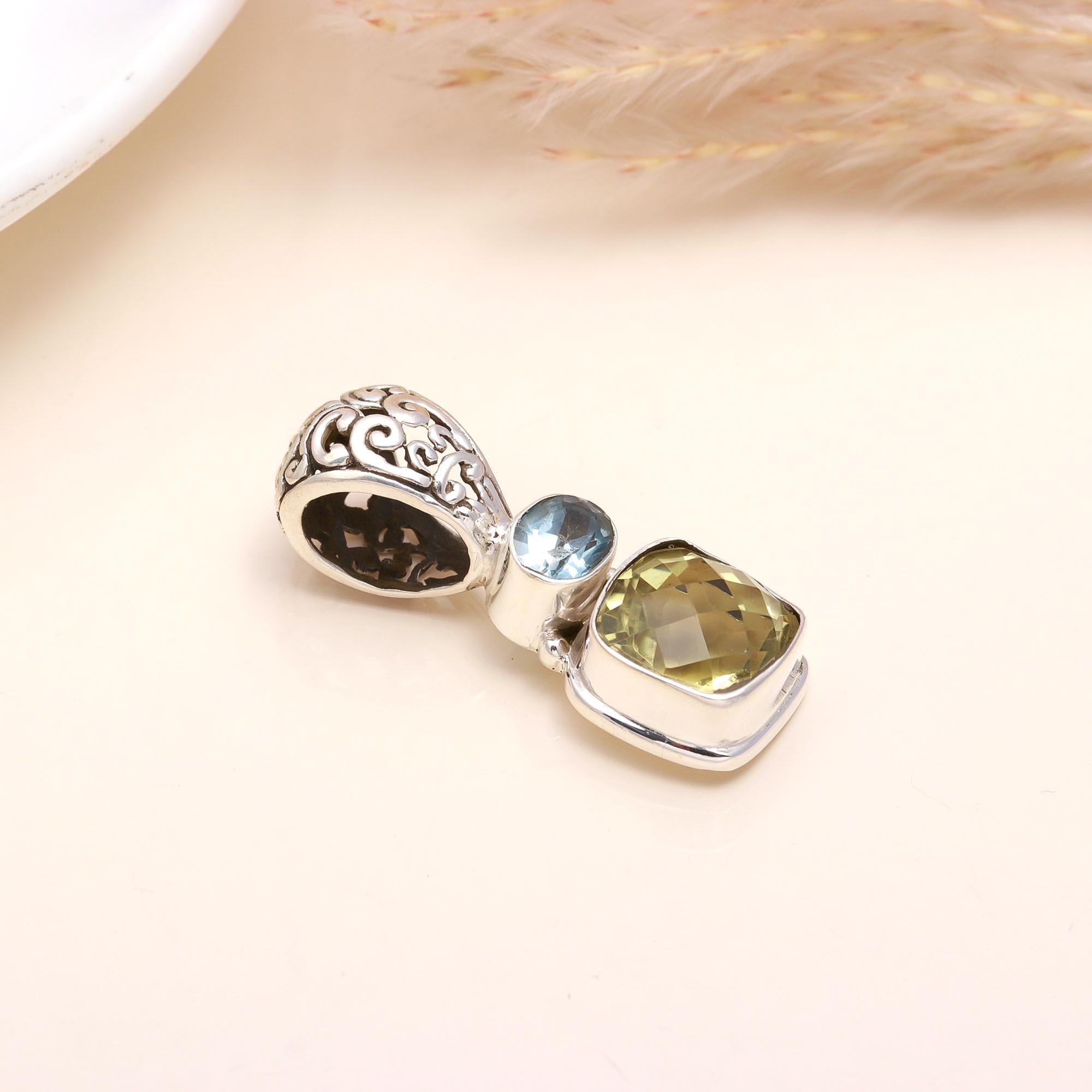 925 Sterling Silver Blue Topaz & Lemon Quartz Pendant