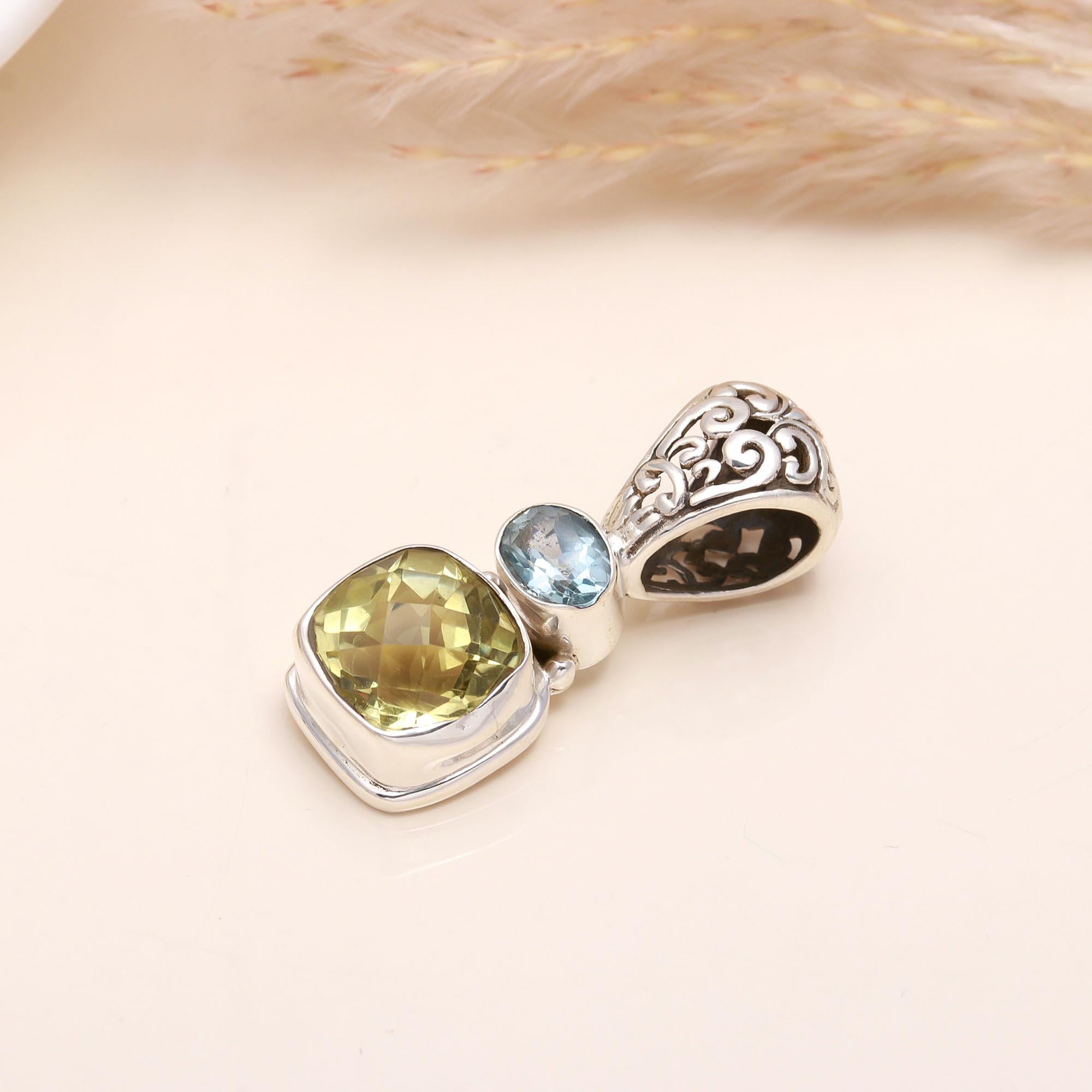 925 Sterling Silver Blue Topaz & Lemon Quartz Pendant