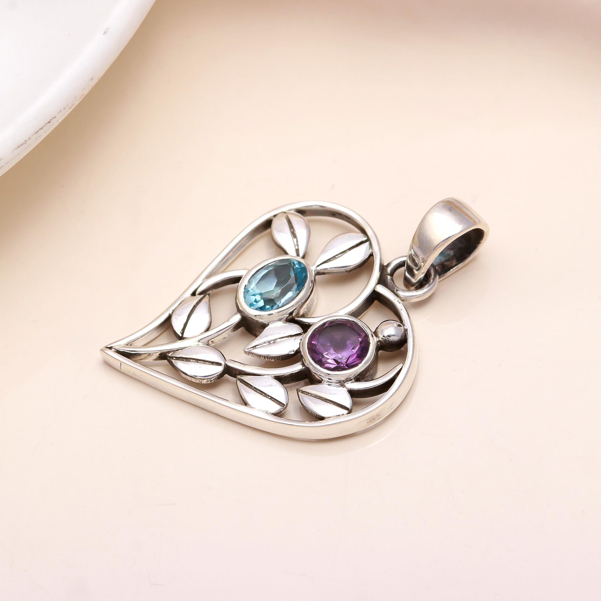 925 Sterling Silver Heart Pendant with Amethyst & Blue Topaz
