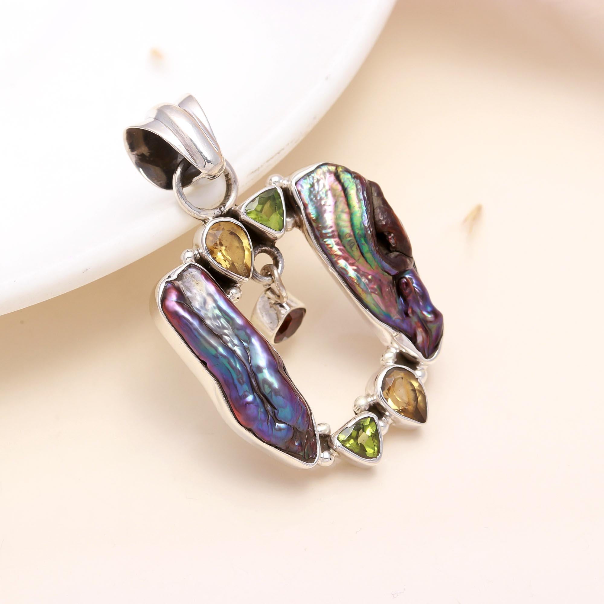 925 Sterling Silver Baroque Pearl Pendant with Multi-Gemstones