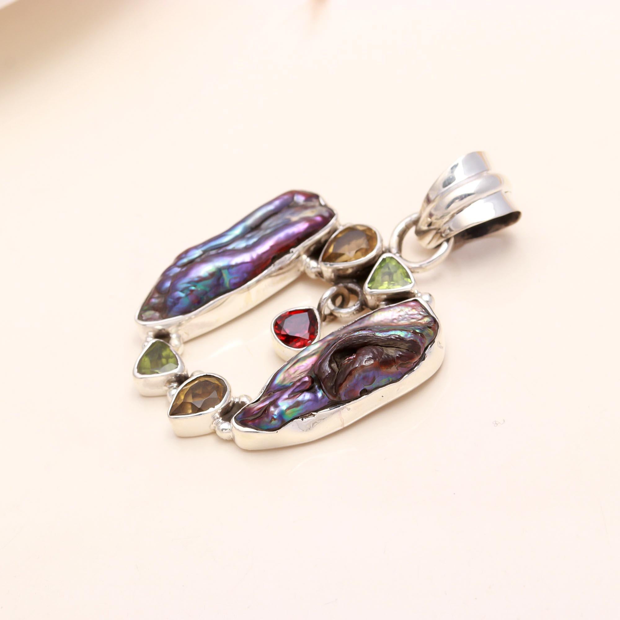 925 Sterling Silver Baroque Pearl Pendant with Multi-Gemstones