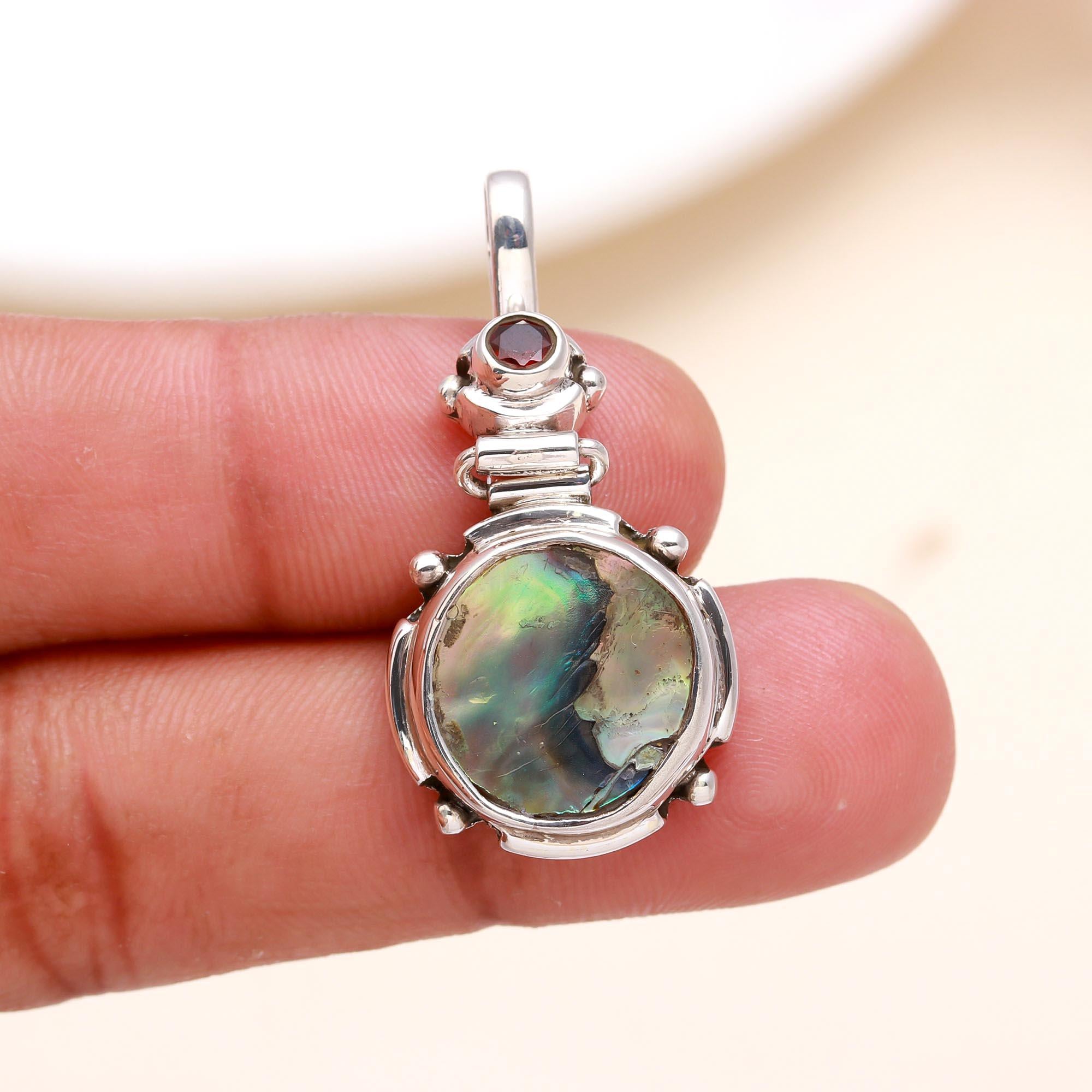 925 Sterling Silver Abalone & Garnet Pendant