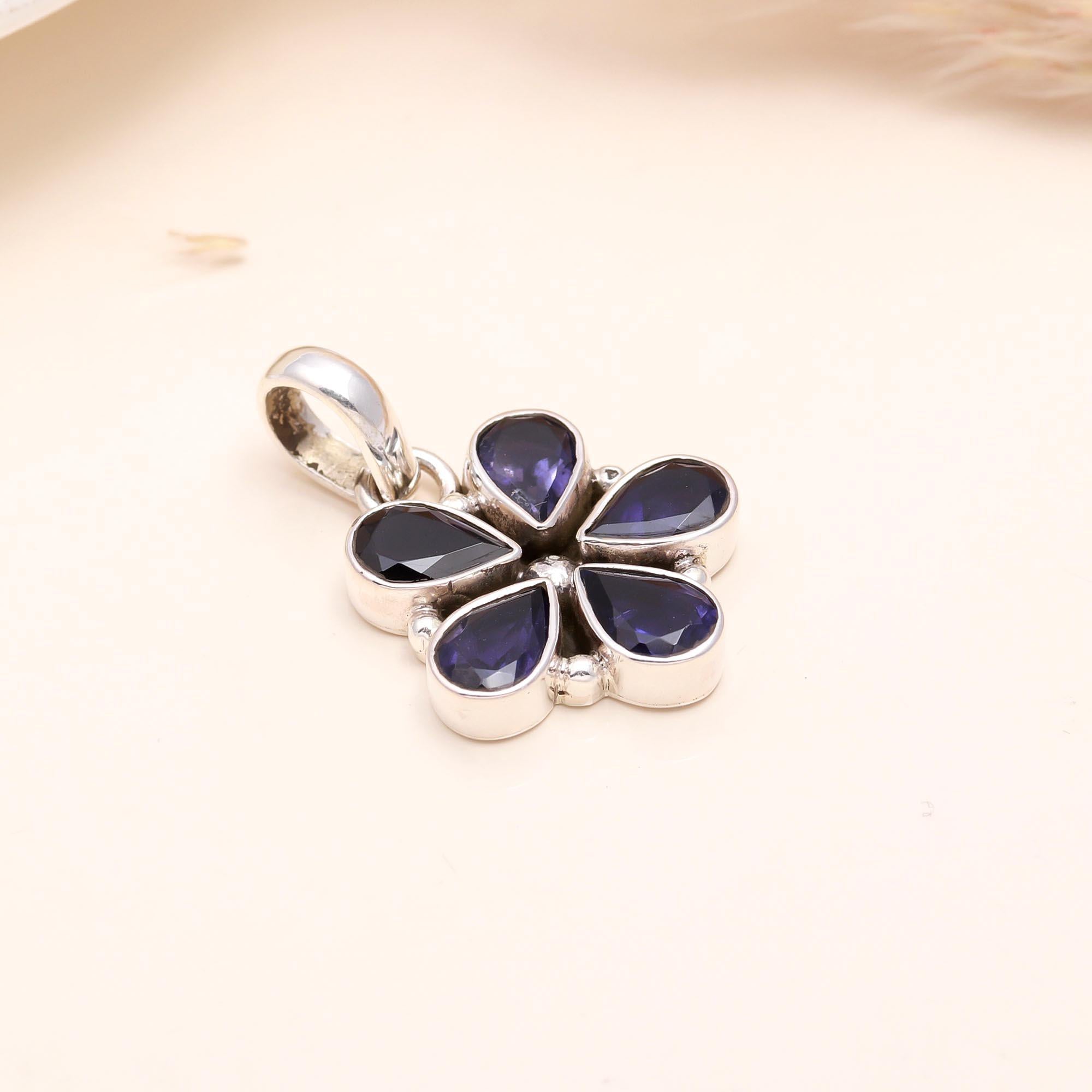 925 Sterling Silver Iolite Flower Pendant