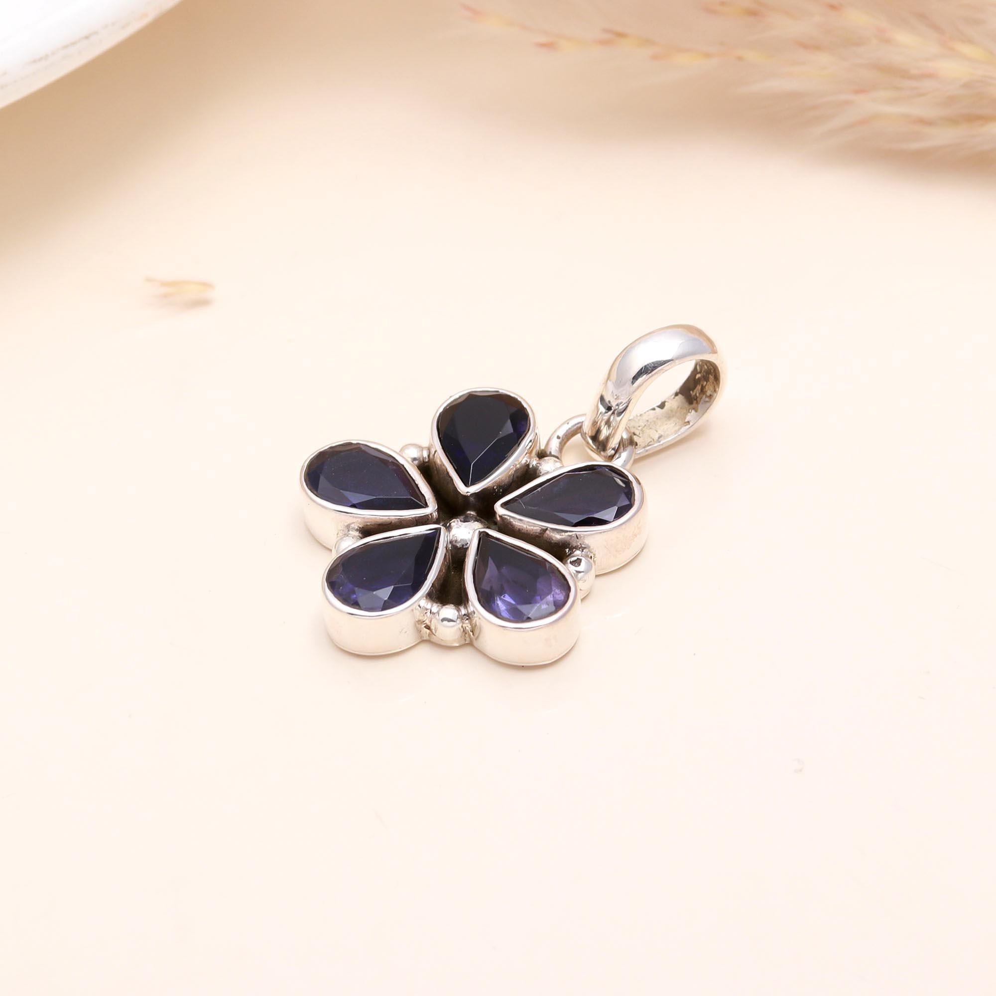 925 Sterling Silver Iolite Flower Pendant