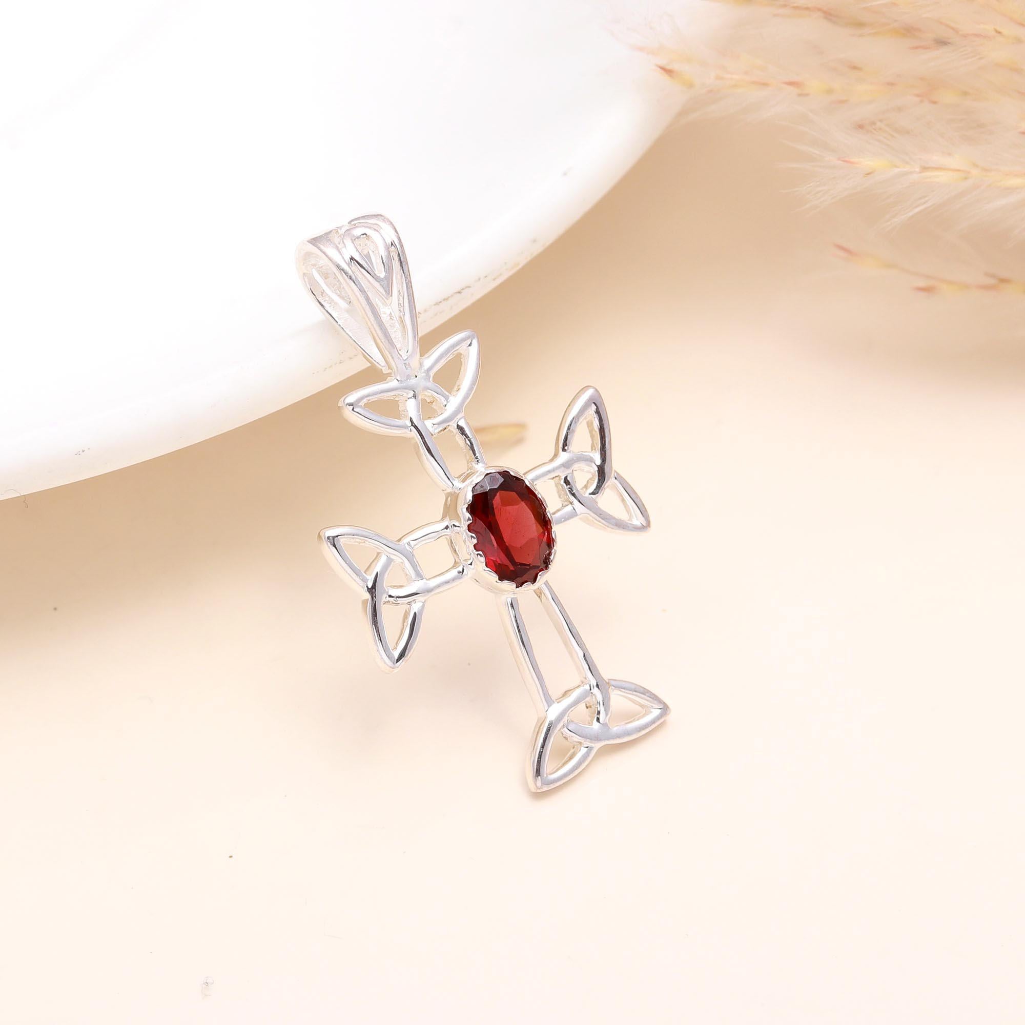 925 Sterling Silver Celtic Cross Pendant With Garnet