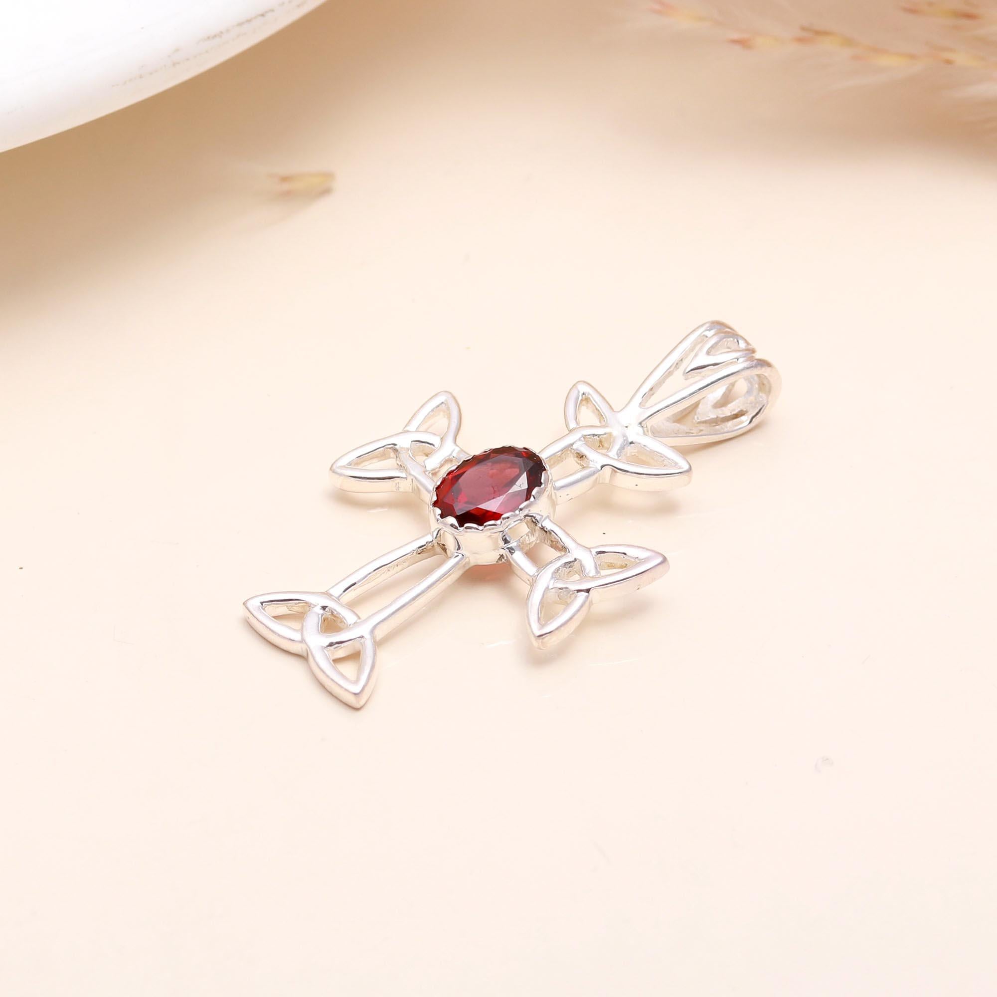 925 Sterling Silver Celtic Cross Pendant With Garnet