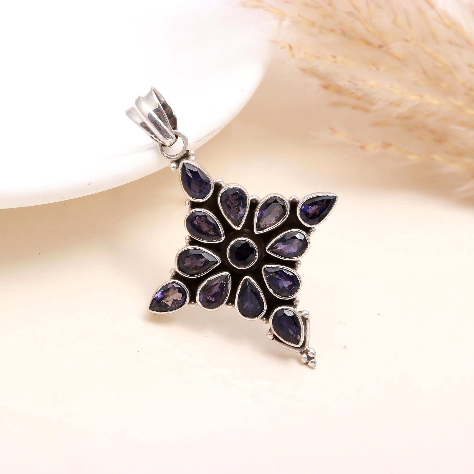 925 Sterling Silver Natural Blue Iolite Pendant