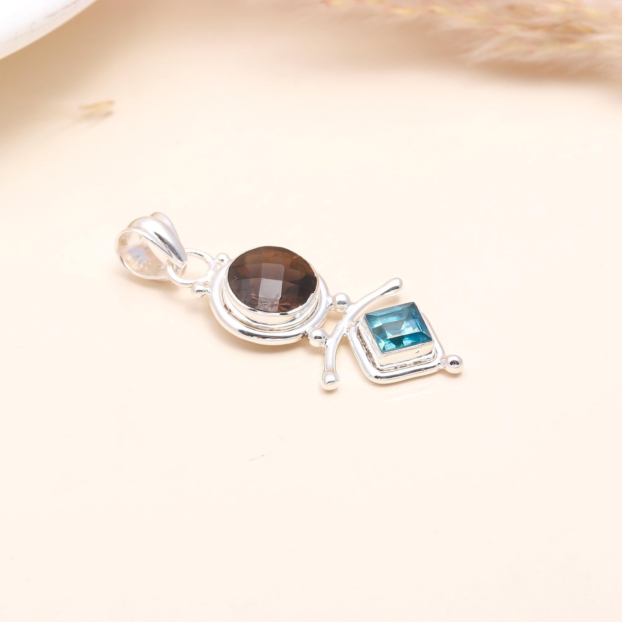 925 Sterling Silver Smoky Quartz & Blue Topaz Pendant
