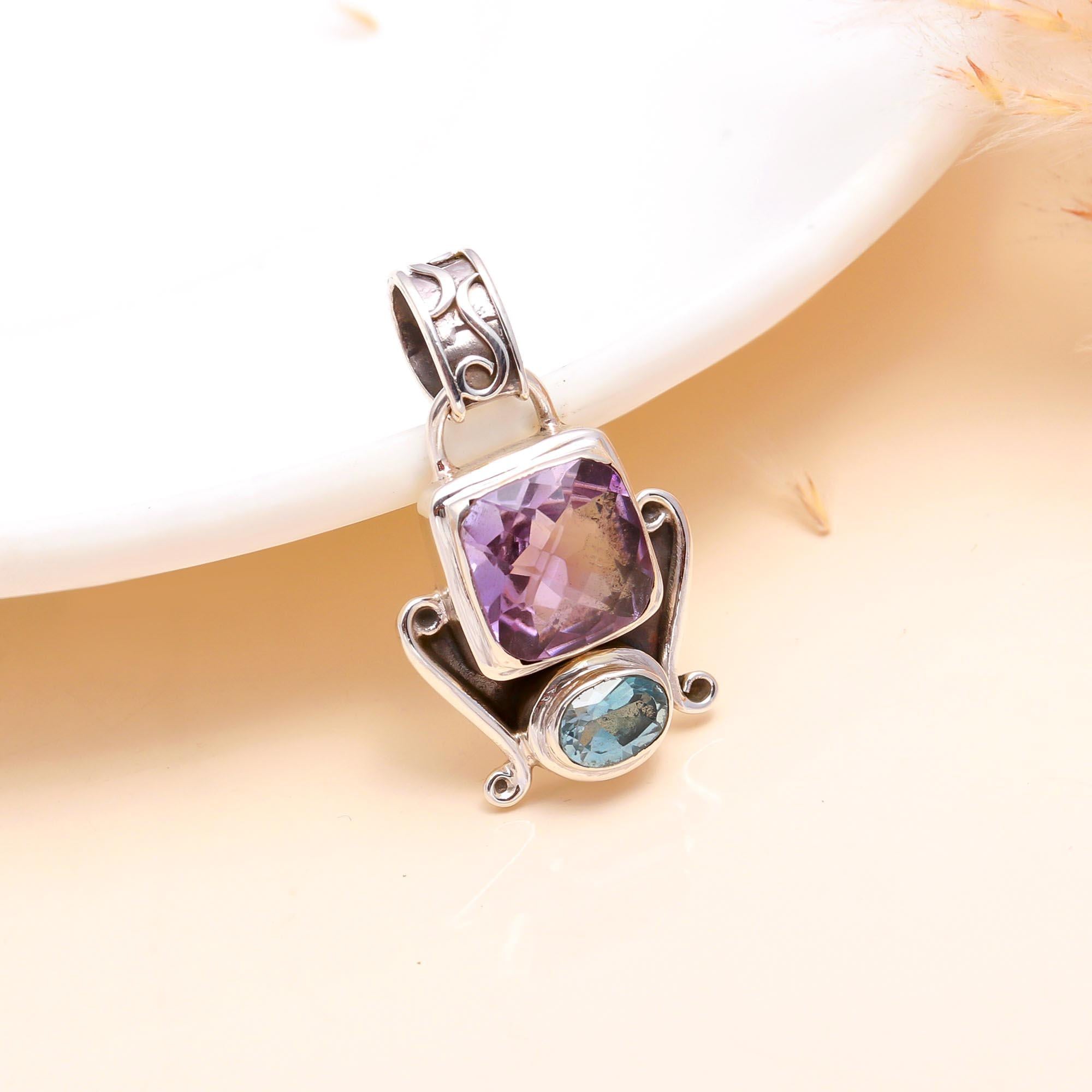 925 Sterling Silver Amethyst & Blue Topaz Pendant