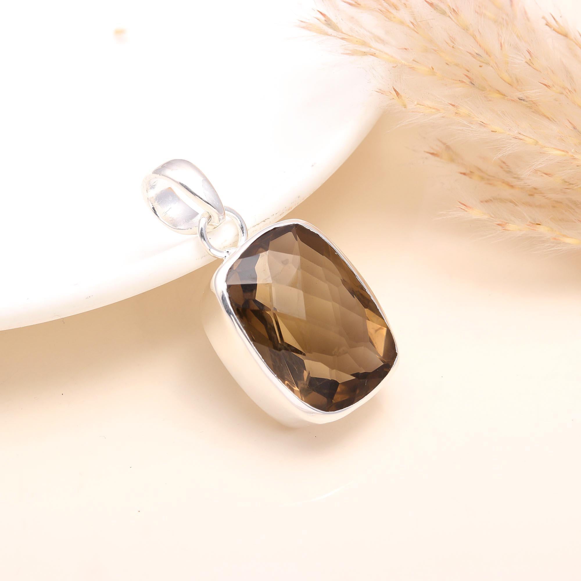 925 Sterling Silver Smoky Quartz Cushion-Cut Gemstone Pendant