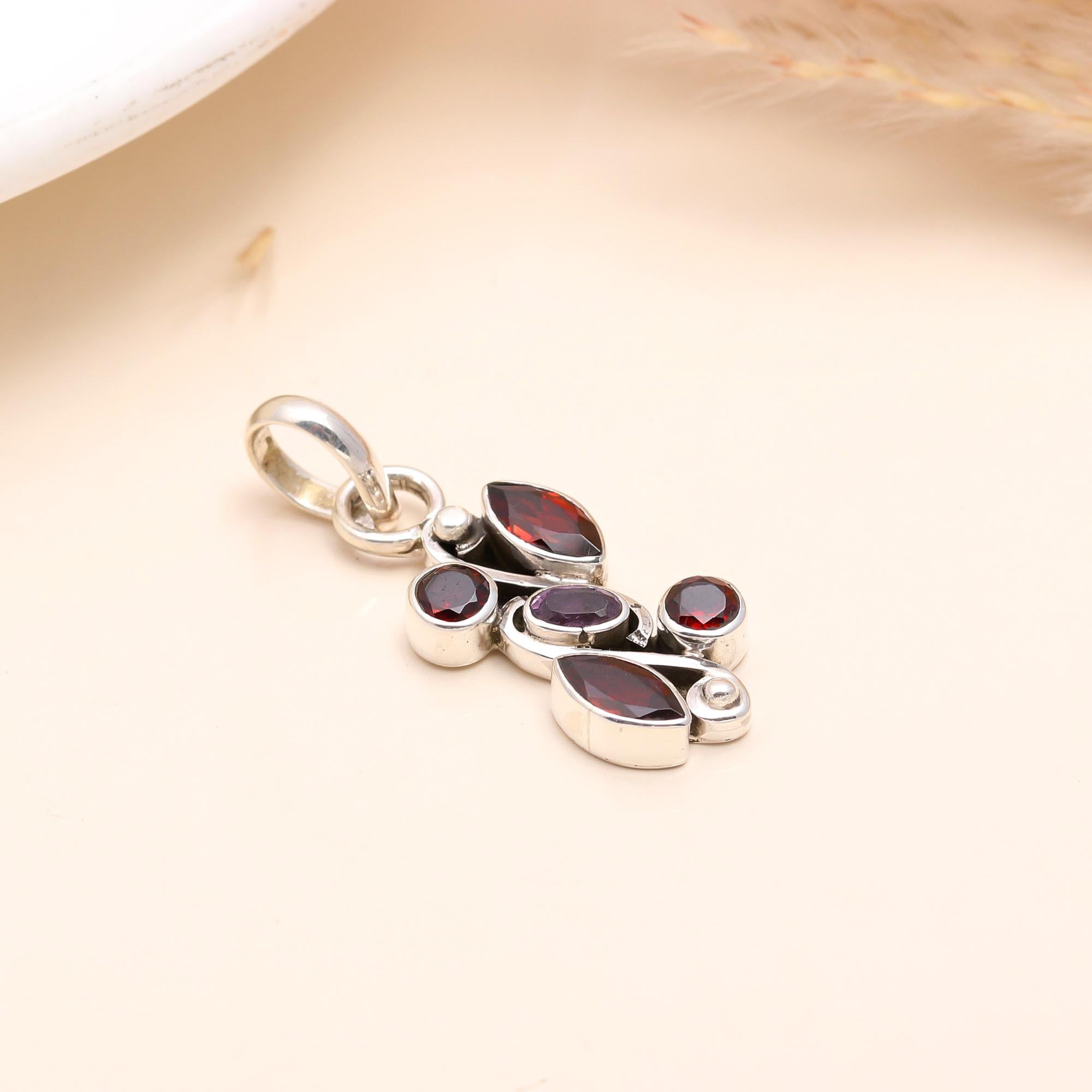 925 Sterling Silver Garnet & Amethyst Pendant